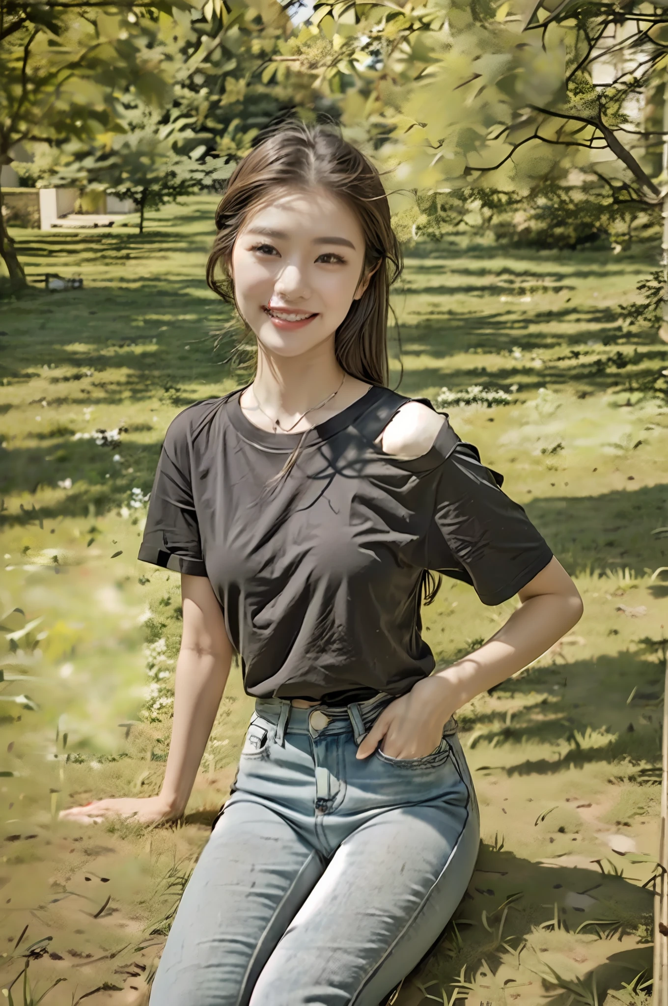 （best qualtiy：1.4），Complicated details，20 years old Korean girl，Wear a loose black T-shirt and skinny jeans，Stand on the grass and take pictures，Detailed meadow，A sweet smile on a small face，Ultra-realistic facial details，Playful and coquettish pose，The calves are straight and slender:1.2，Wear high-end branded colorful travel shoes:1.0，eventide，warm color，Broad lighting，naturalshadow，fully body photo:1.8