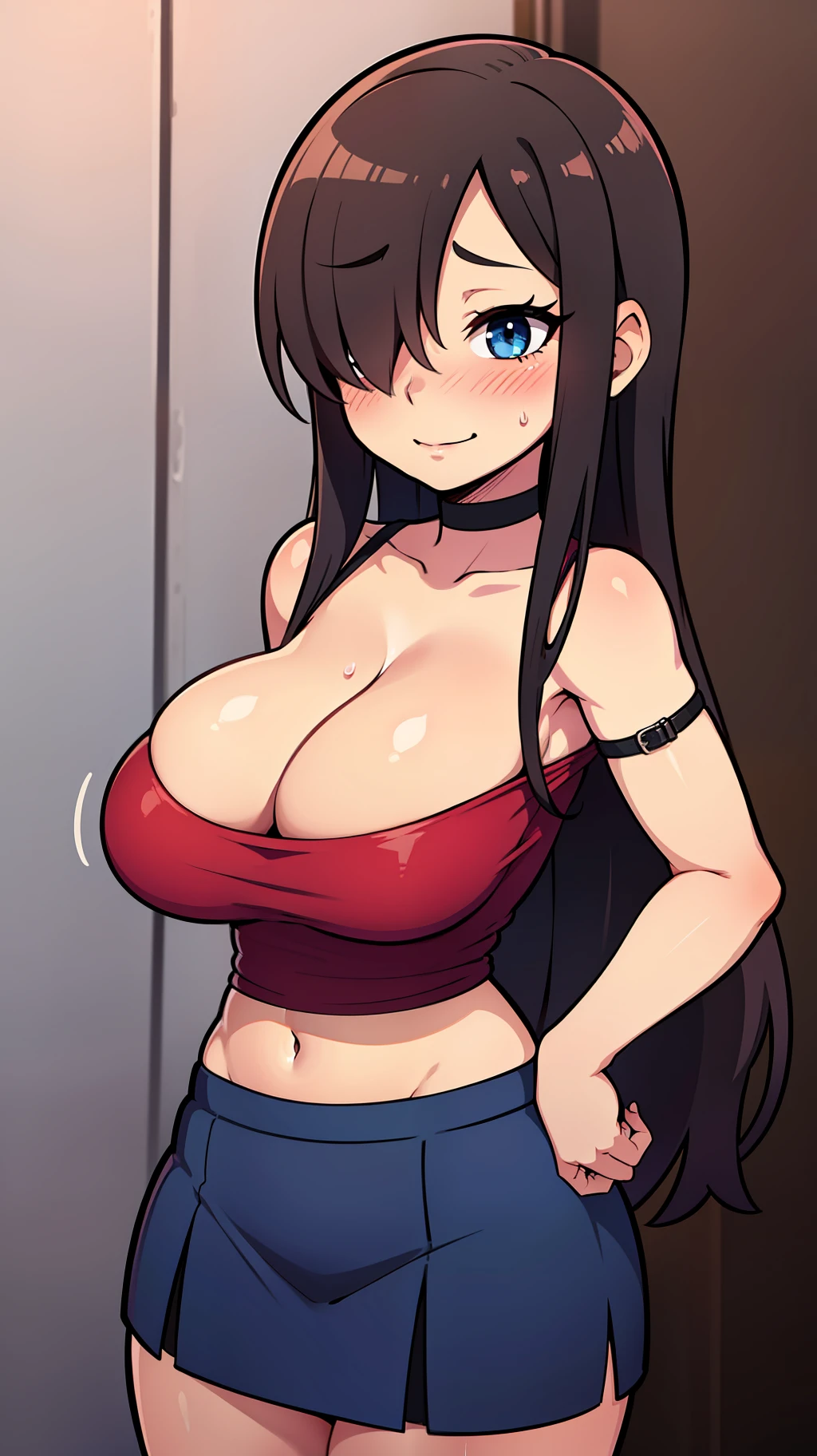 Brown_long_hair, 1girl, hair_over_one_eye, blush_on_cheeks, excited, embarased, ashamed, shy, turned_on, closed_mouth, black_choker, red_shoulder-length_shirt , open_shoulders, open_breasts, tiny_blue_skirt, no_panties, perfect_quality, perfect_high_resolution, massive_sexy_breasts, sexy_young_girl, sexy_