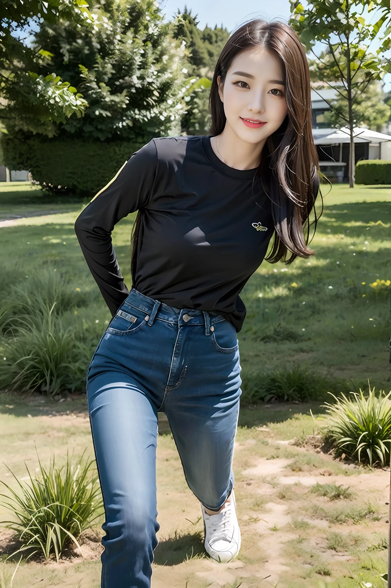 （best qualtiy：1.4），Complicated details，20 years old Korean girl，Wear a loose black T-shirt and skinny jeans，Stand on the grass and take pictures，Detailed meadow，A sweet smile on a small face，Ultra-realistic facial details，Playful and coquettish pose，The calves are straight and slender:1.2，Wear high-end branded colored canvas shoes:1.0，eventide：0.3，Broad lighting，naturalshadow：1.0，fully body photo:1.8