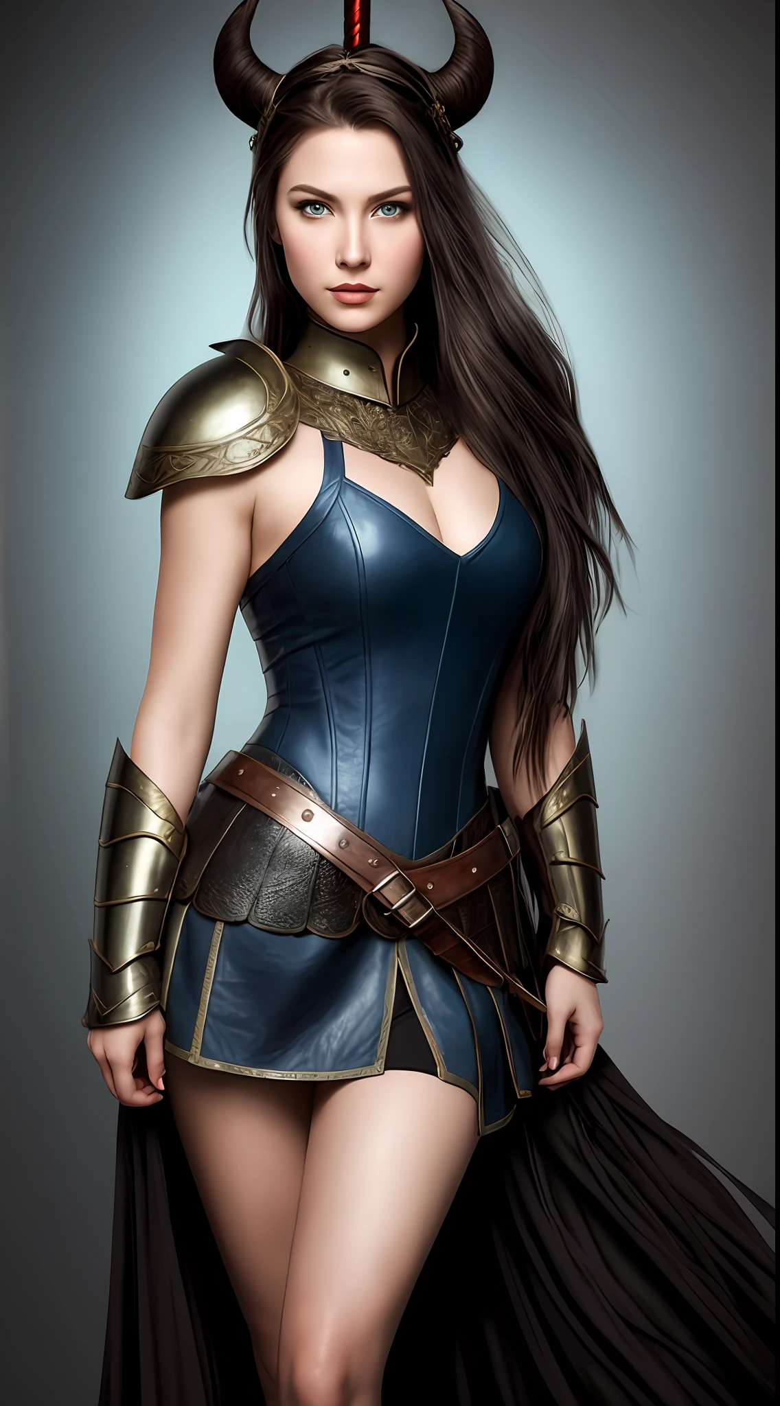 full body portrait of a photorealistic beautiful female warrior viking, beautiful face with warrior painting, thin nose blue eyes black brown hair beautiful body measurements 95-85-85, wearing a sexy black intricate armor, hyper realistic, ultra detailed photograph, (((full length portrait)))