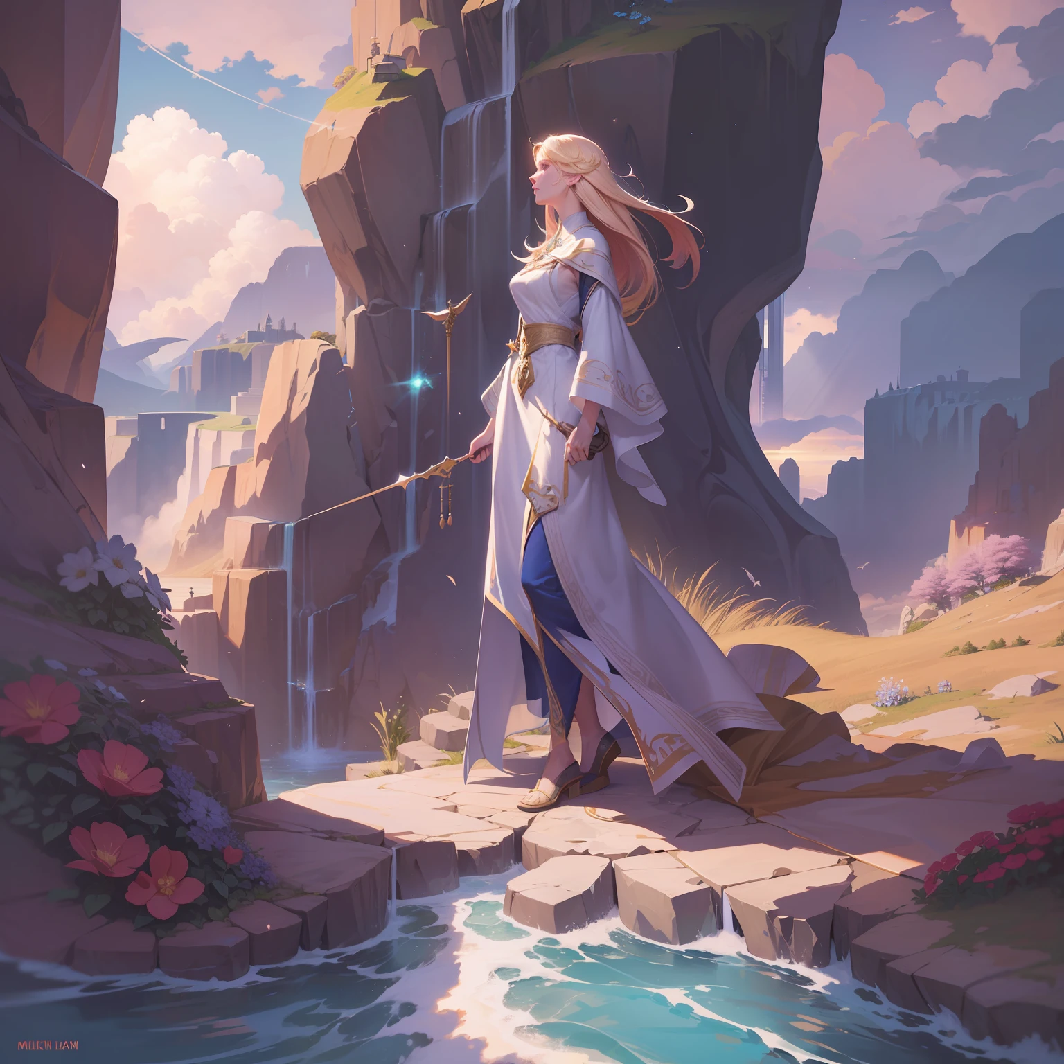 sun rays, Full body, Fair Skin, Robes, Accent lighting, Maximilian Pirner merged with Wlop, Stardew valley merged with League of Legends, Vector, Floating Island, Clouds, Rocks, Bloom, Lush, Stunning enviroment, Divine, Celestial, Sharp strokes, scenery