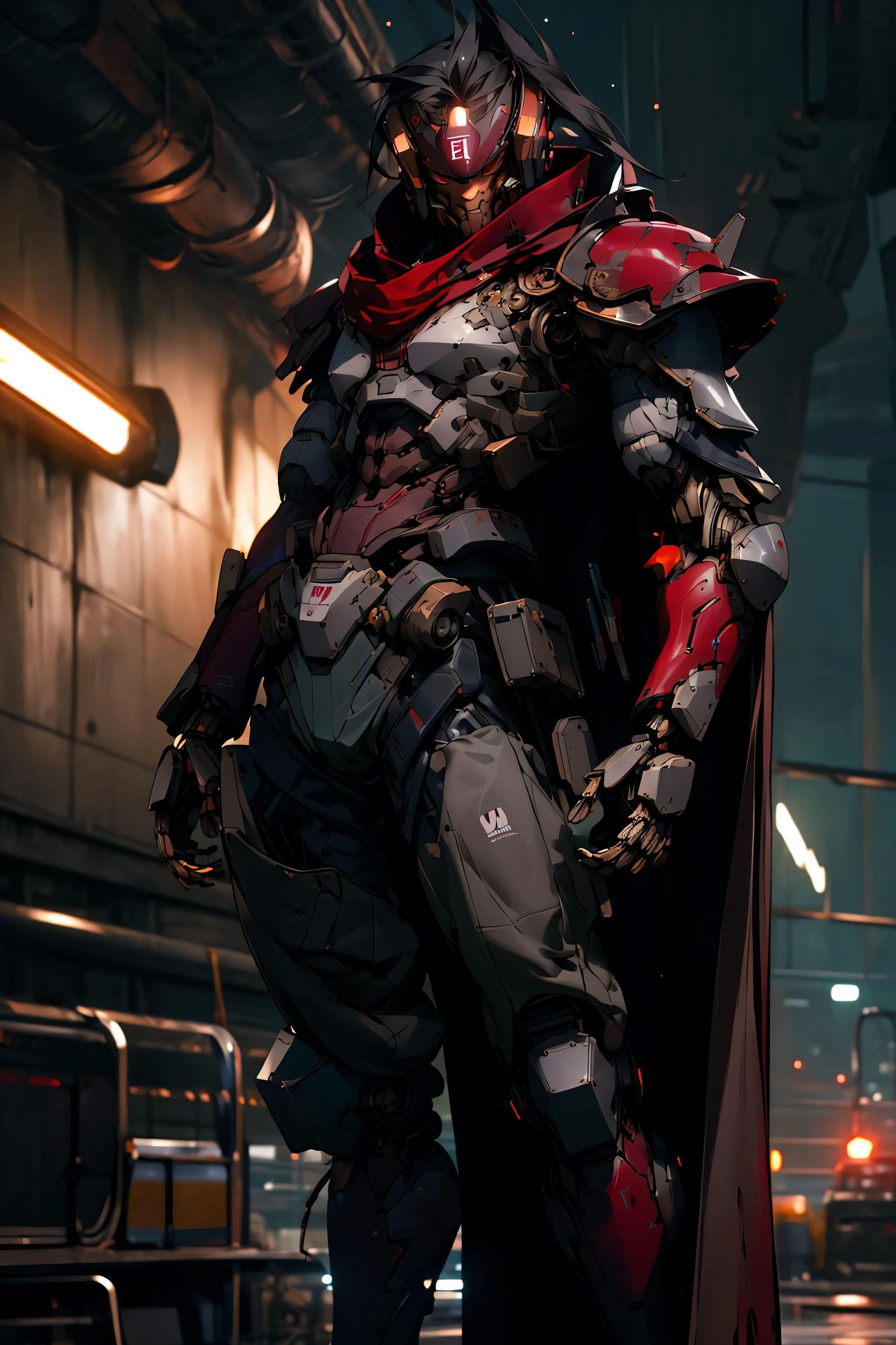 masterpiece, best quality, anime style, 1boy , vincent valentine, (dark red cape:1.4), ??????, night, looking at viewer, power, (standing:1.4), serious, fight pose, male focus, muscles, movie composition, depth of field, bokeh  (mechanical body:1.4), (armor:1.4), (science fiction:1.4), mechanic, anime coloring,