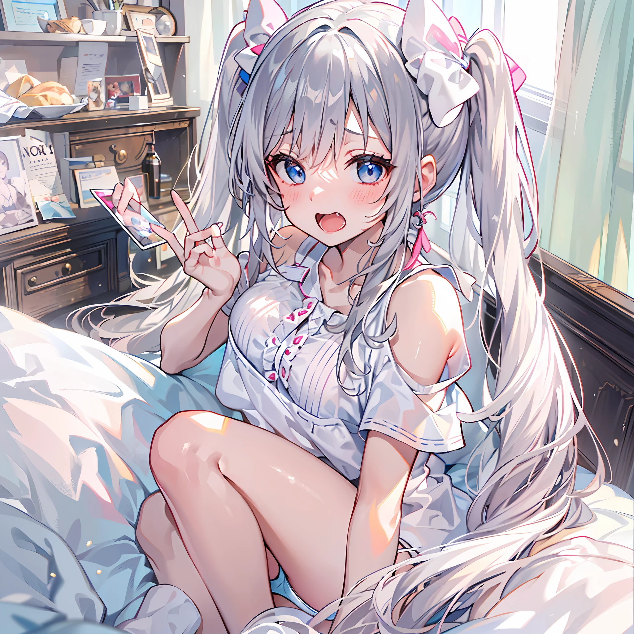 (top-quality、8k、32k、​masterpiece、超A high resolution、UHD:1.2)、Very cute girl、(Silver Twin Tail)、undergarment、a bed、Sexual facial expressions、Blue eyes、(I hate it so much)、red blush、Spread your legs apart、bra very、panties on、Ashamed、Shirt with open front、Perfectly trimmed fingers、small tits、Frightened look