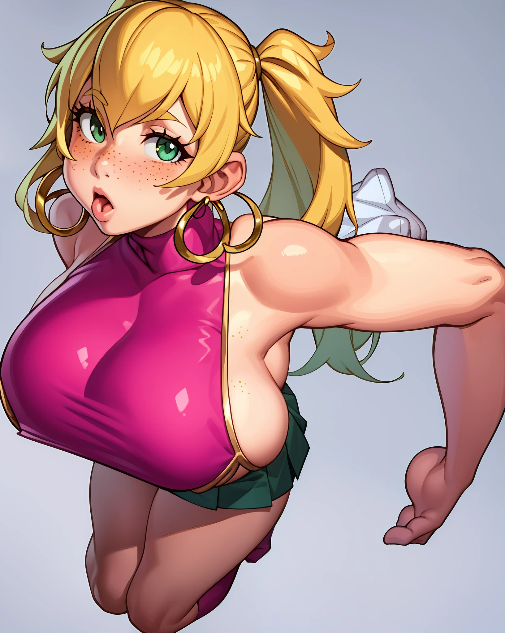 1girl, solo woman, 1 person, single person, woman with a ((PINK)) sleeveless turtleneck sweater, short ((PINK)) skirt, full body portrait, girl fanart, !!full body portrait!!, fullbody portrait, full body character portrait, full-body character portrait, detailed full body, full body illustration, anime full body illustration, anime style character, blonde hair, hairstyle: Pigtails, white thighhigh socks, green eyes, freckles, ((GOLD)) hoop earings, ((no item in hands)) ((ECCHI)) ((LEWD)) ((naughty)) ((Showing skin)) ((Showing chest)) ((Open chest)) ((WHITE BACKGROUND)) white background, 4k resolution blank background, White backdrop