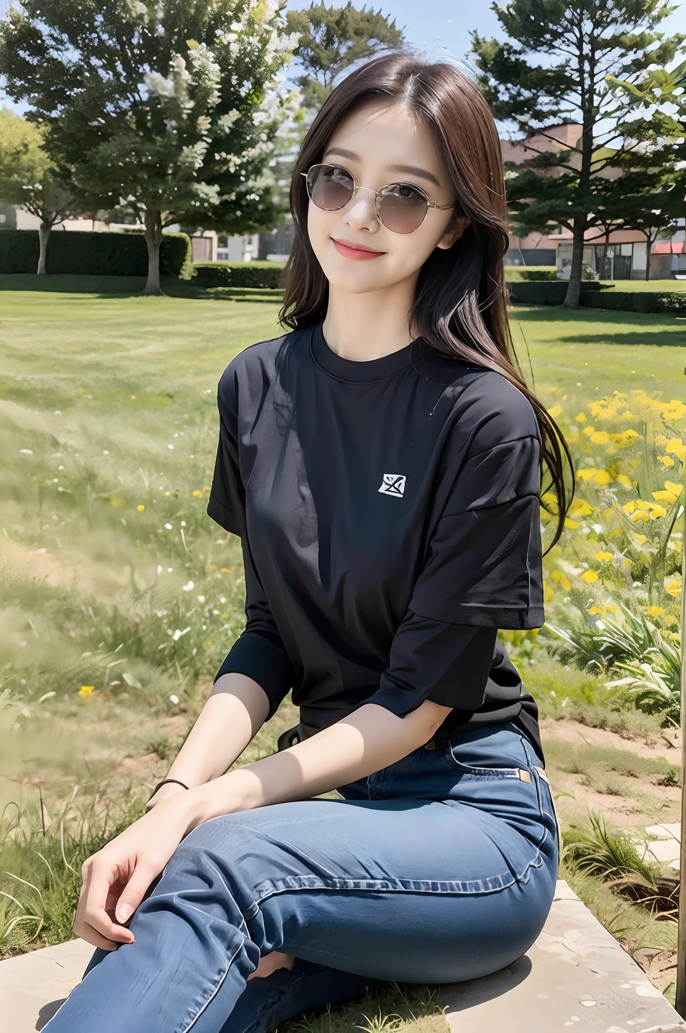 （best qualtiy：1.4），Complicated details，20 years old Korean girl，Wear a loose black T-shirt and skinny jeans，Stand on the grass and take pictures，Detailed meadow，A sweet smile on a small face，Ultra-realistic facial details，Playful and coquettish pose，The calves are straight and slender:1.2，Wear high-end branded colored canvas shoes:1.0，eventide：0.3，Broad lighting，naturalshadow：1.0，fully body photo:1.8