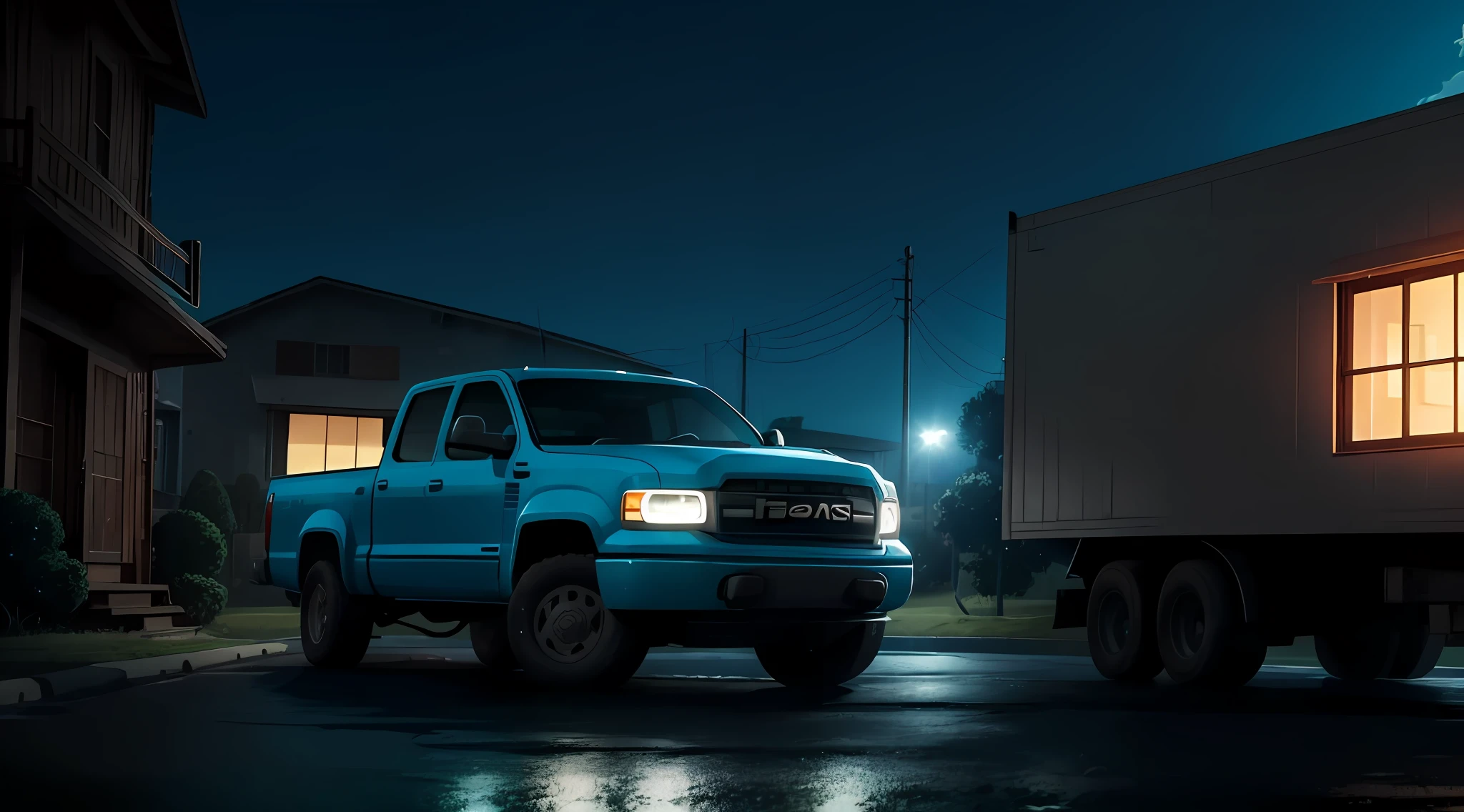 There is a truck parked in front of a house with a sign, animation style rendering, cena 3d complexa, realista estabelecendo tiro, animation movie still, animation still, jogo de aventura apontar e clicar, Quadro-chave do anime, captura de tela do filme anime, Arremesso longo, animation movie still