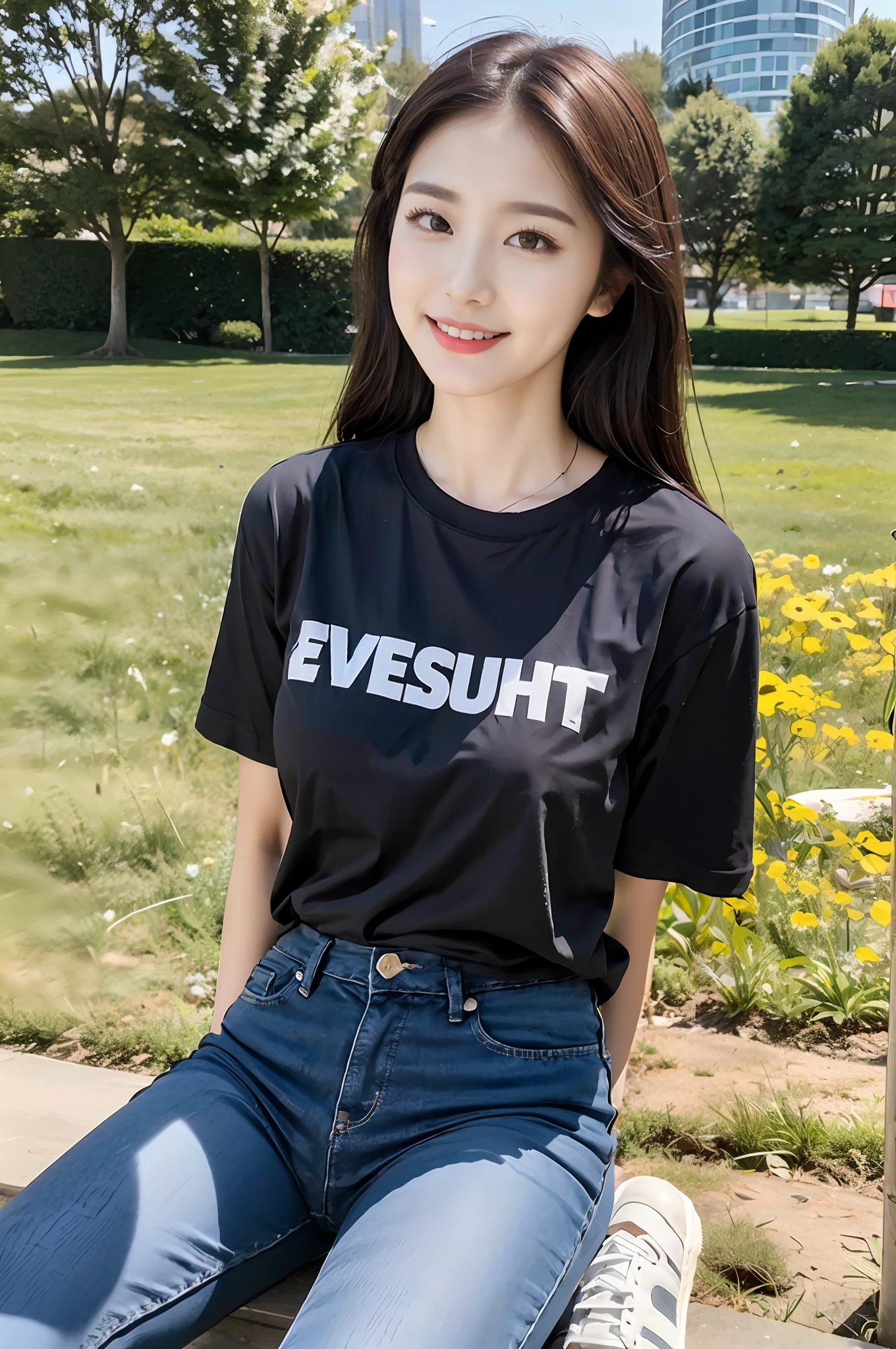 (best qualtiy:1.4),Complicated details,20 years old Korean girl,Wear a loose black T-shirt and skinny jeans,Stand on the grass and take pictures,Detailed meadow,A sweet smile on a small face,Ultra-realistic facial details,Playful and coquettish pose,The calves are straight and slender:1.2,Wear high-end branded colored canvas shoes:1.0,eventide:0.3,Broad lighting,naturalshadow:1.0,fully body photo:1.8
