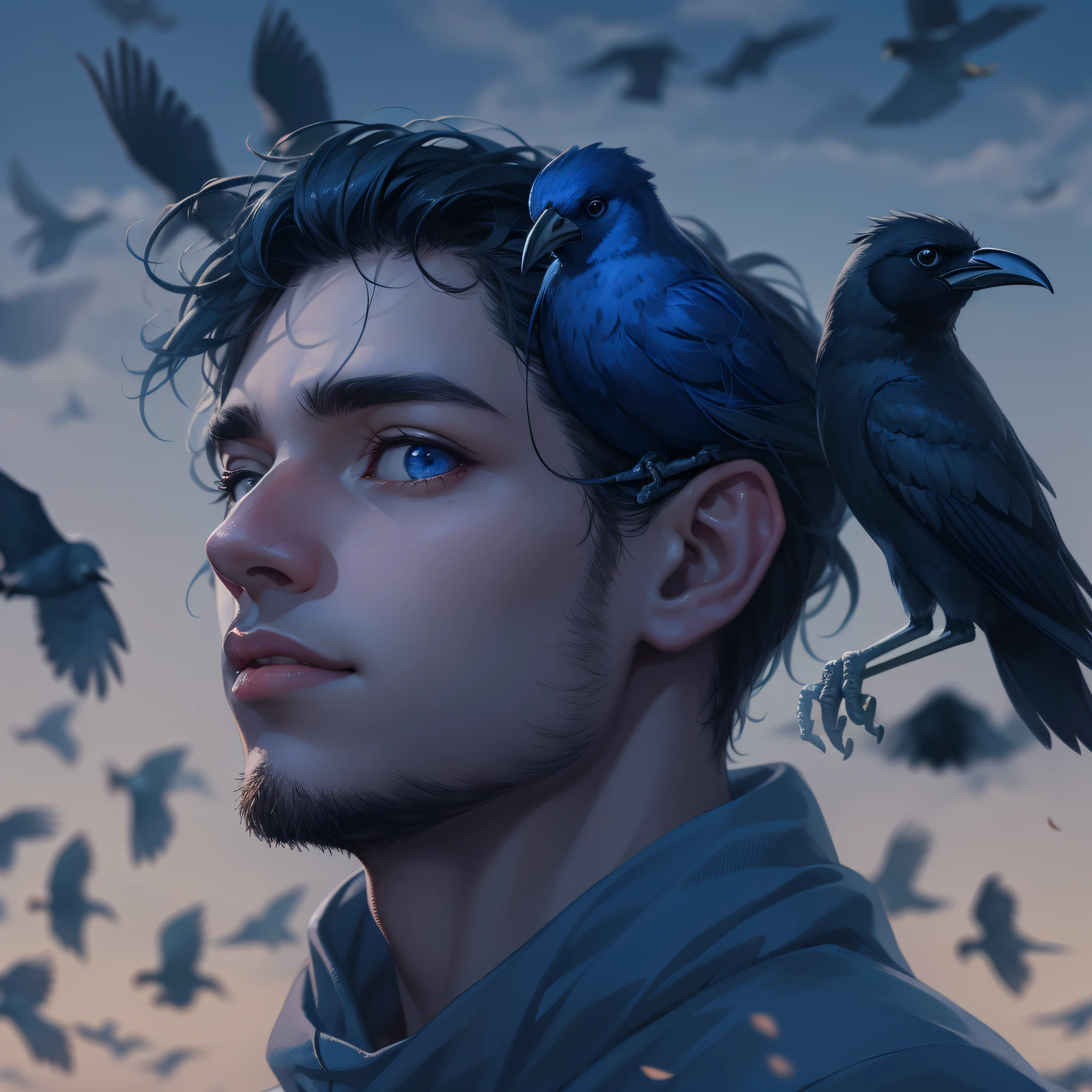 man, light skin, blue tones, blue eyes, crow on shoulder, black hair, high quality image, focus on face, background birds in the sky, night