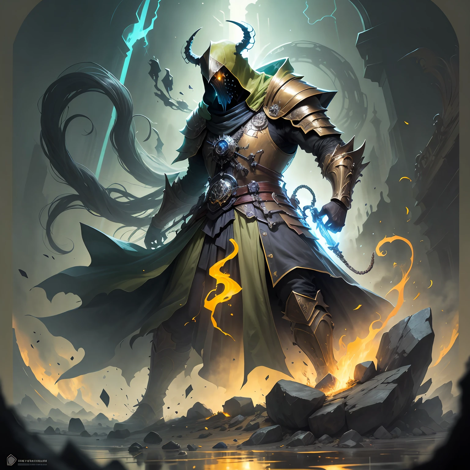 O cavaleiro de armadura prateada e manto negro flutua no ar, His athletic body revealed by the loose clothing, His serious face shows an expression of power, while his hands hold a long sword emanating a golden light, He is inside a dark cave, iluminada apenas por um fogo fraco e a luz da lua. The rocky floor reflects the light, criando sombras sinistras. Behind the knight, one can see a cemetery. The atmosphere is dark and fraught with mystery, from the head of the knight come demon horns, seus olhos brilham em verde
