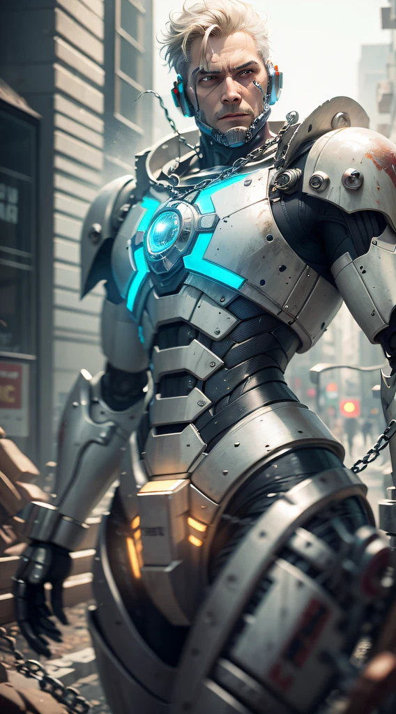85mm, f1.8, robot portrait, dark matte smooth ceramics, intricate design, very detailed, fine details, extremely clear lines, cinematic lighting, realistic photos, a detailed masterpiece, Dark_Fantasy, Cyberpunk, (chain saw, chain saw man, Red:1.1), 1man, Mechanical marvel, Robotic presence, Cybernetic guardian, dressed in a shabby mech suit, white, intricate, (steel metal [rusty]), elegant, clear focus, photographed by greg rutkowski, soft lighting, bright colors, masterpiece, ((street)), cowboy shooting, dynamic pose