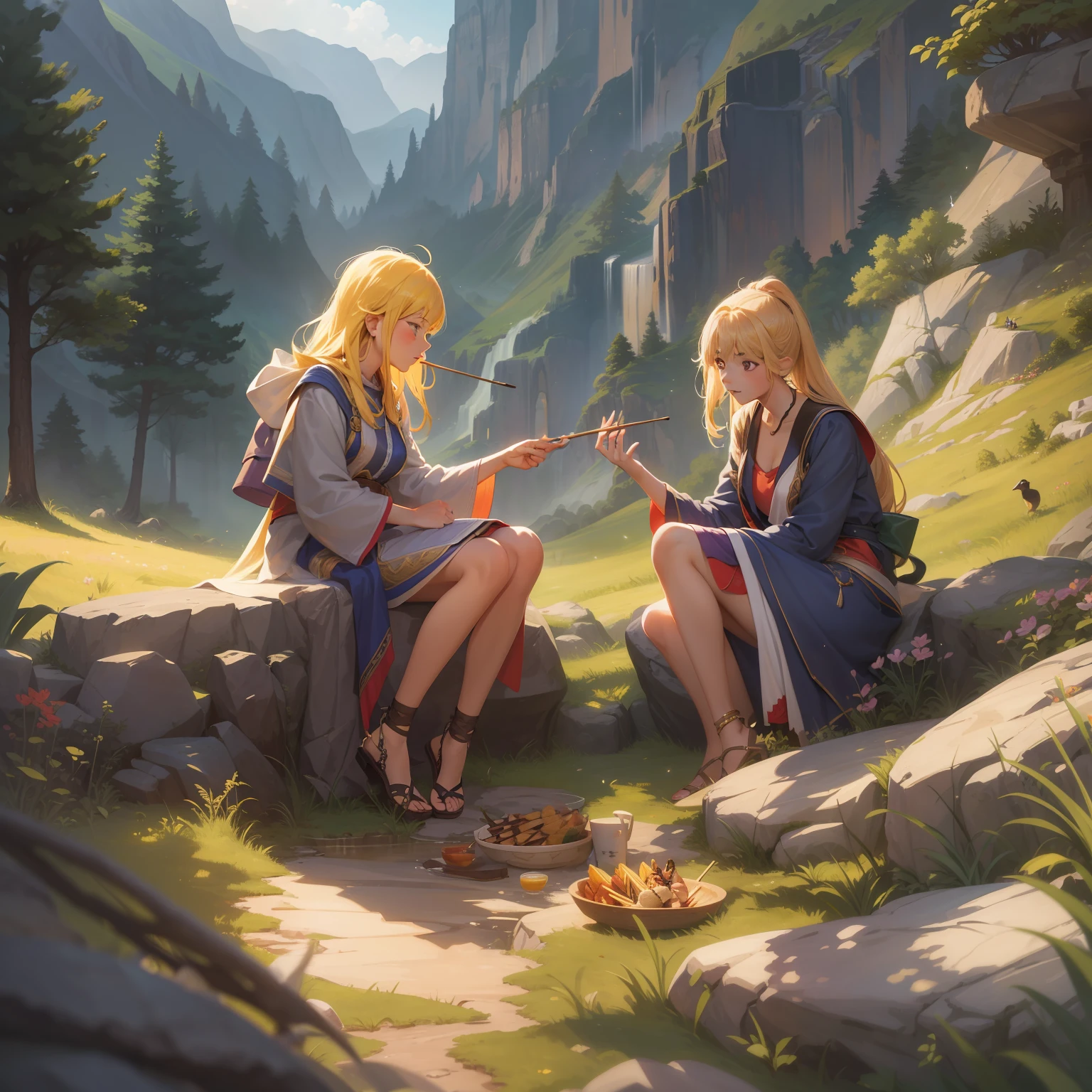 Ultra detailed illustration of two young girls eating skewers on a rock near a road with travellers coming, sun rays, Full body, Fair Skin, , Accent lighting, Maximilian Pirner merged with Wlop, Stardew valley merged with League of Legends, Vector, Lush forest, Bloom, , Stunning enviroment, Celestial, Sharp strokes, scenery