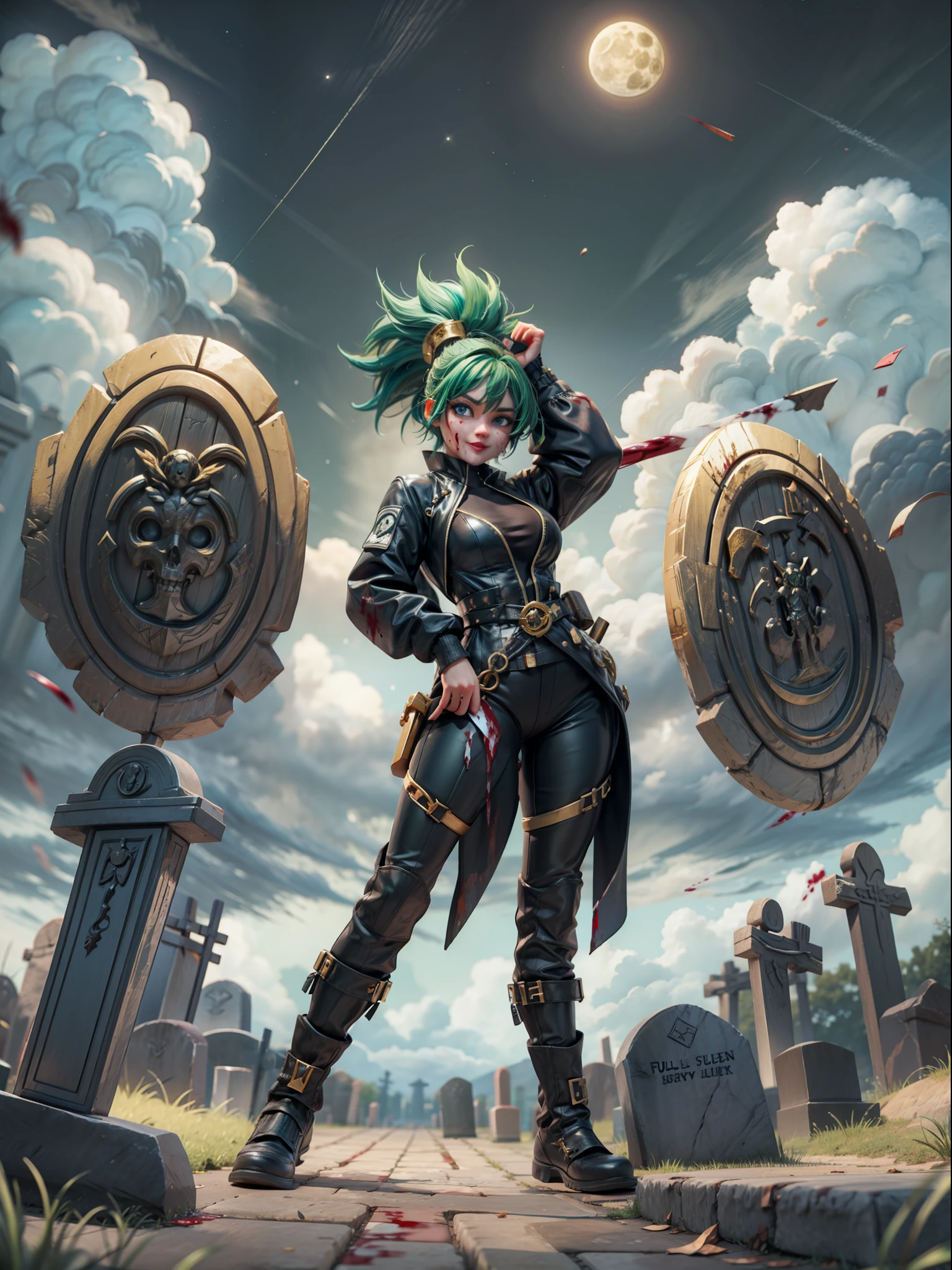 ((full body, standing):1.5), {((1woman))}, {((all black mechanical ninja suit with extremely short and tight gold bands around the body)), ((extremely large breasts)), ((green hair, very short mohawk, blue eyes)) looking at the viewer, smiling, very happy, ((striking an erotic pose)), ((on a fighting field, it's night, clouds in the sky, 1 full moon in the sky, tombstones, stone floor, blood on the floor))}, 16k, best quality, best resolution, best sharpness, ultra detailed,3DMM