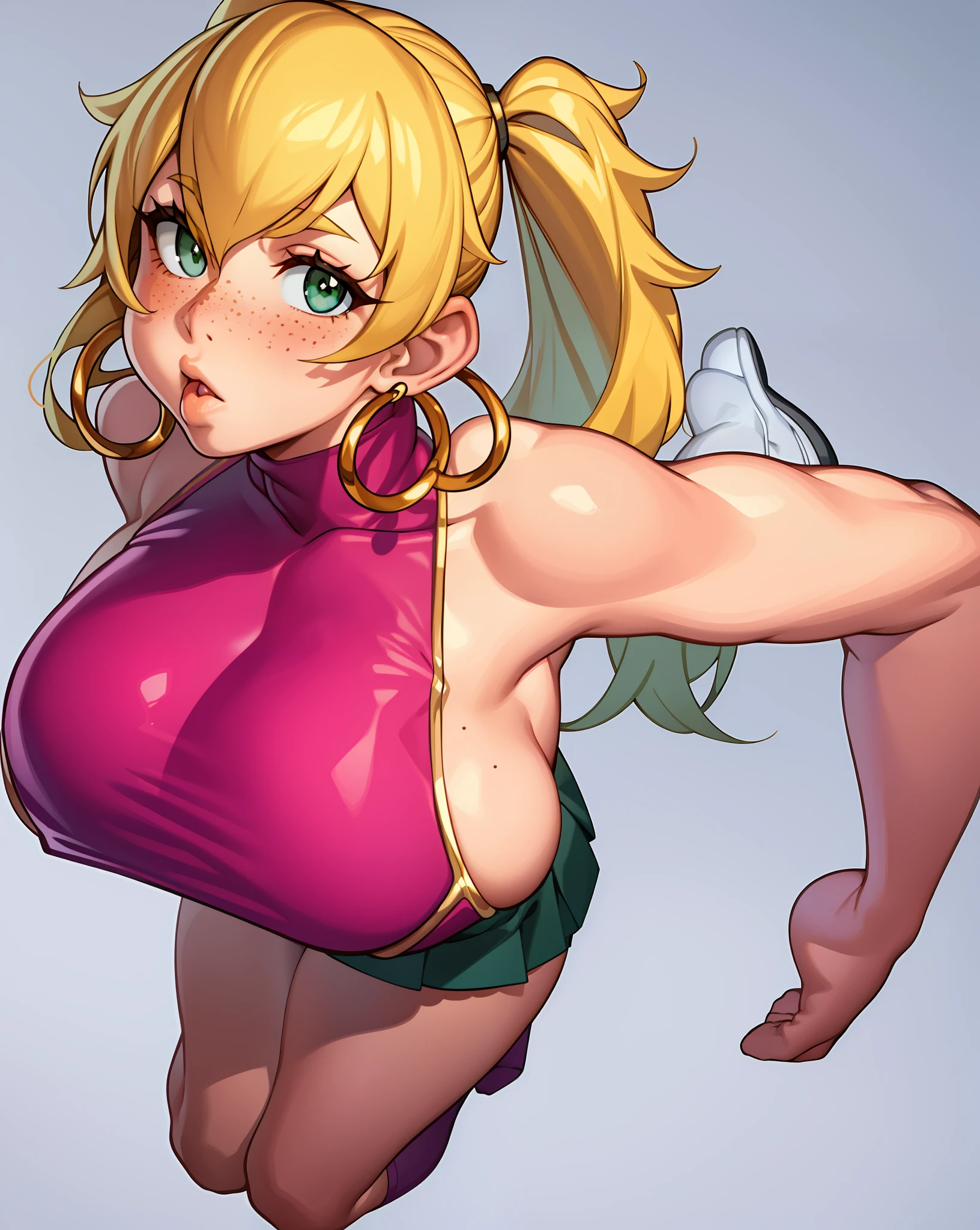 1girl, solo woman, 1 person, single person, woman with a ((PINK)) sleeveless turtleneck sweater, short ((PINK)) skirt, full body portrait, girl fanart, !!full body portrait!!, fullbody portrait, full body character portrait, full-body character portrait, detailed full body, full body illustration, anime full body illustration, anime style character, blonde hair, hairstyle: Pigtails, white thighhigh socks, green eyes, freckles, ((GOLD)) hoop earings, ((no item in hands)) ((ECCHI)) ((LEWD)) ((naughty)) ((Showing skin)) ((Showing chest)) ((Open chest)) ((WHITE BACKGROUND)) white background, 4k resolution blank background, White backdrop