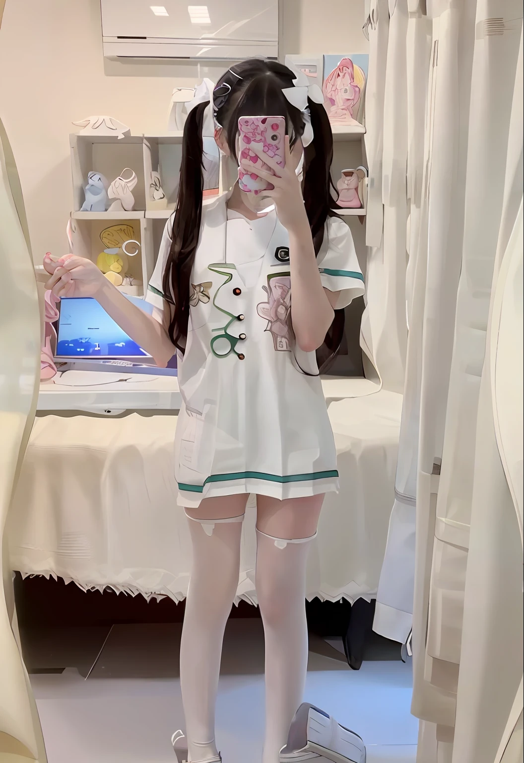 there is a woman that is taking a selfie in a mirror, smooth white tight clothes suit, Anime girl cosplay, anime barbie in white stockings, Anime girl in real life, In a Japanese anime style, pretty face with arms and legs, loli in dress, wearing a Japanese school uniform, Anime cosplay, asuka suit under clothes!, as an anime character, low quality video