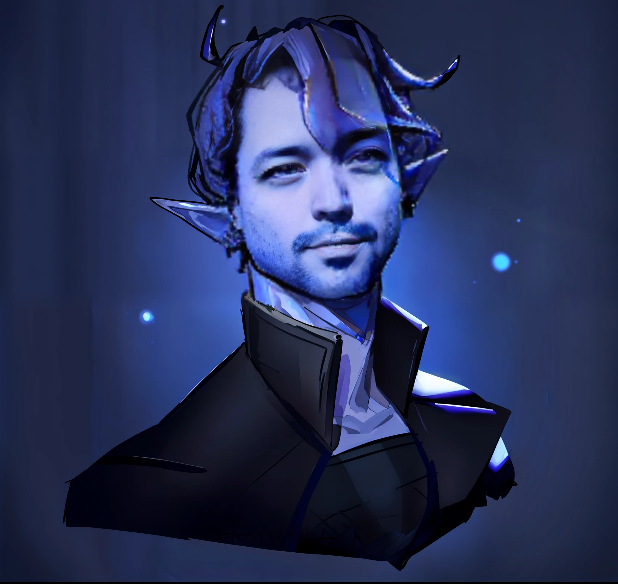 um close up de um desenho animado de um elfo masculino com um fundo azul, caleb from critical role, pintado no estilo arcano, Tiefling azul, Um retrato de um elfo masculino, Beautiful androgynous prince, dnd retrato de um tiefling, inspirado em Jean Malouel, elfo azul, delicate androgynous prince, bonito drow, Retrato de um personagem DND