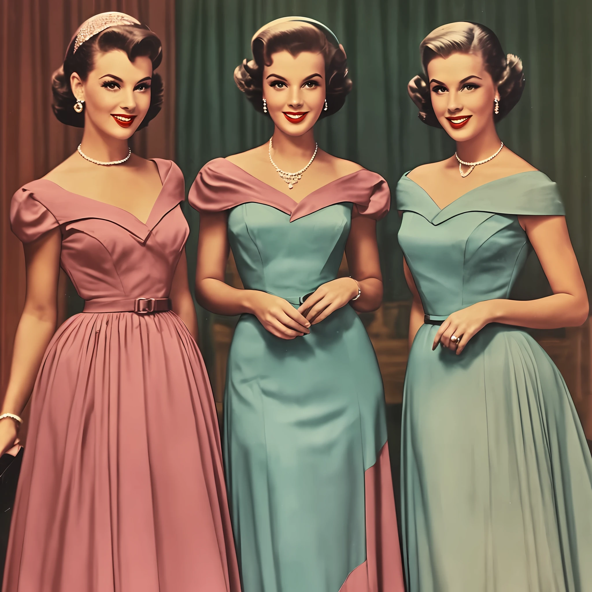 a group of elegant women at a 1950s party" An image featuring a group of elegant women, each wearing their distinctive 1950s evening gowns, posing for a photo at a chic women's evening party. Image is edited with a retro pastel palette, reflecting the camaraderie and timeless fashion of 1950s social gatherings. --auto --s2