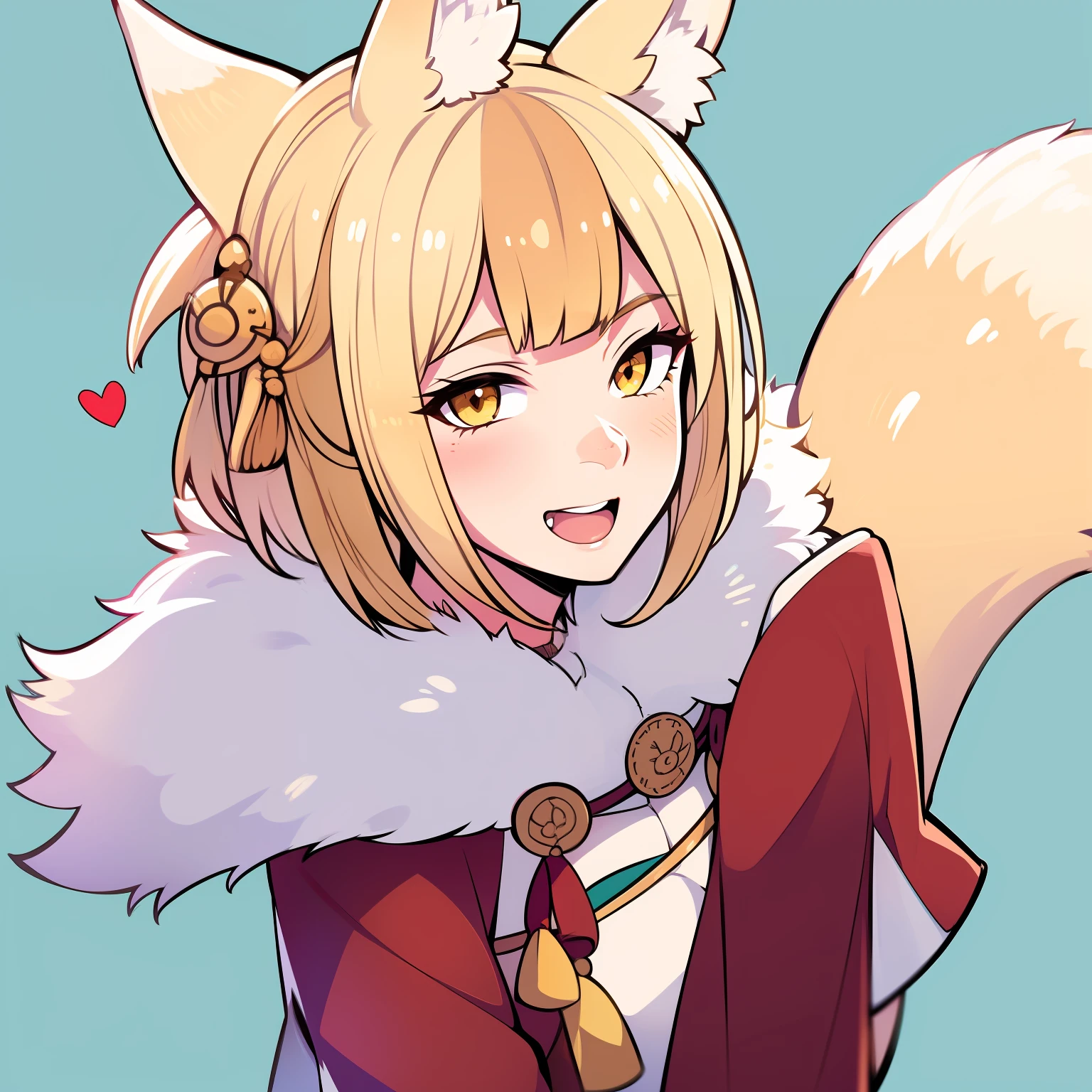 1girl, animal_ears, blonde_hair, commentary_request, fire_emblem, fire_emblem_fates, fox_ears, fox_tail, freckles, fur_trim, highres, open_mouth, selkie_(fire_emblem), solo, tail, yellow_eyes