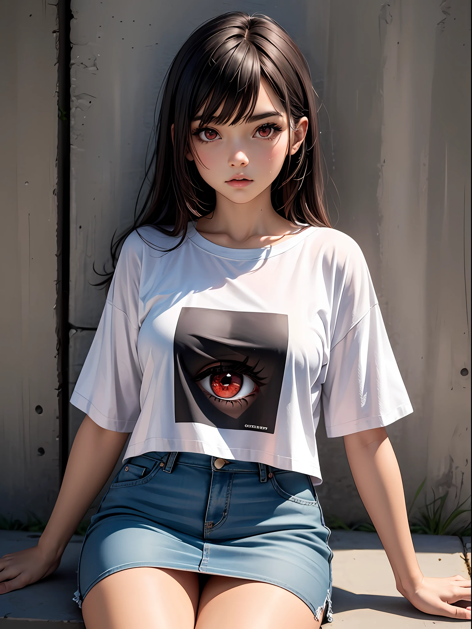 top-quality, intricate detailes, chromatic abberation, 1girl in, length hair, A dark-haired, Unkempt hair, White Highlights, red eyes, sharp eye, Oversized white T-shirt, Ultra mini skirt, pantiy, Cowboy Shots, wind lift, (oversize tshirt: 1.2 inch),against a wall, sitting on, Concrete walls, doodle, Dim lighting, alleyway