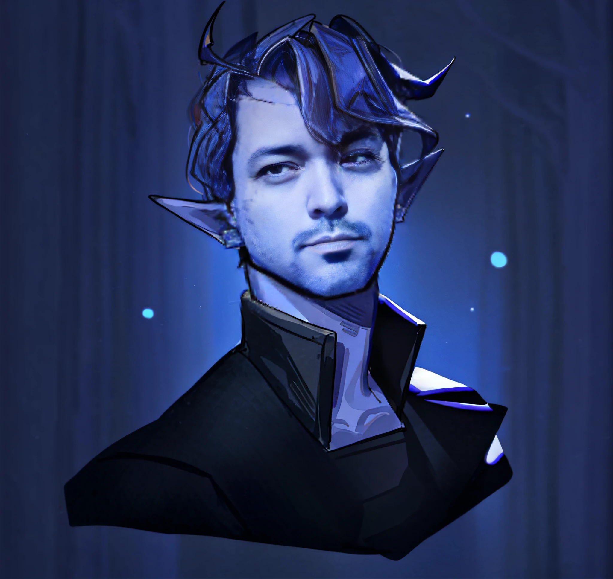 um close up de um desenho animado de um elfo masculino com um fundo azul, caleb from critical role, pintado no estilo arcano, Tiefling azul, Um retrato de um elfo masculino, Beautiful androgynous prince, dnd retrato de um tiefling, inspirado em Jean Malouel, elfo azul, delicate androgynous prince, bonito drow, Retrato de um personagem DND