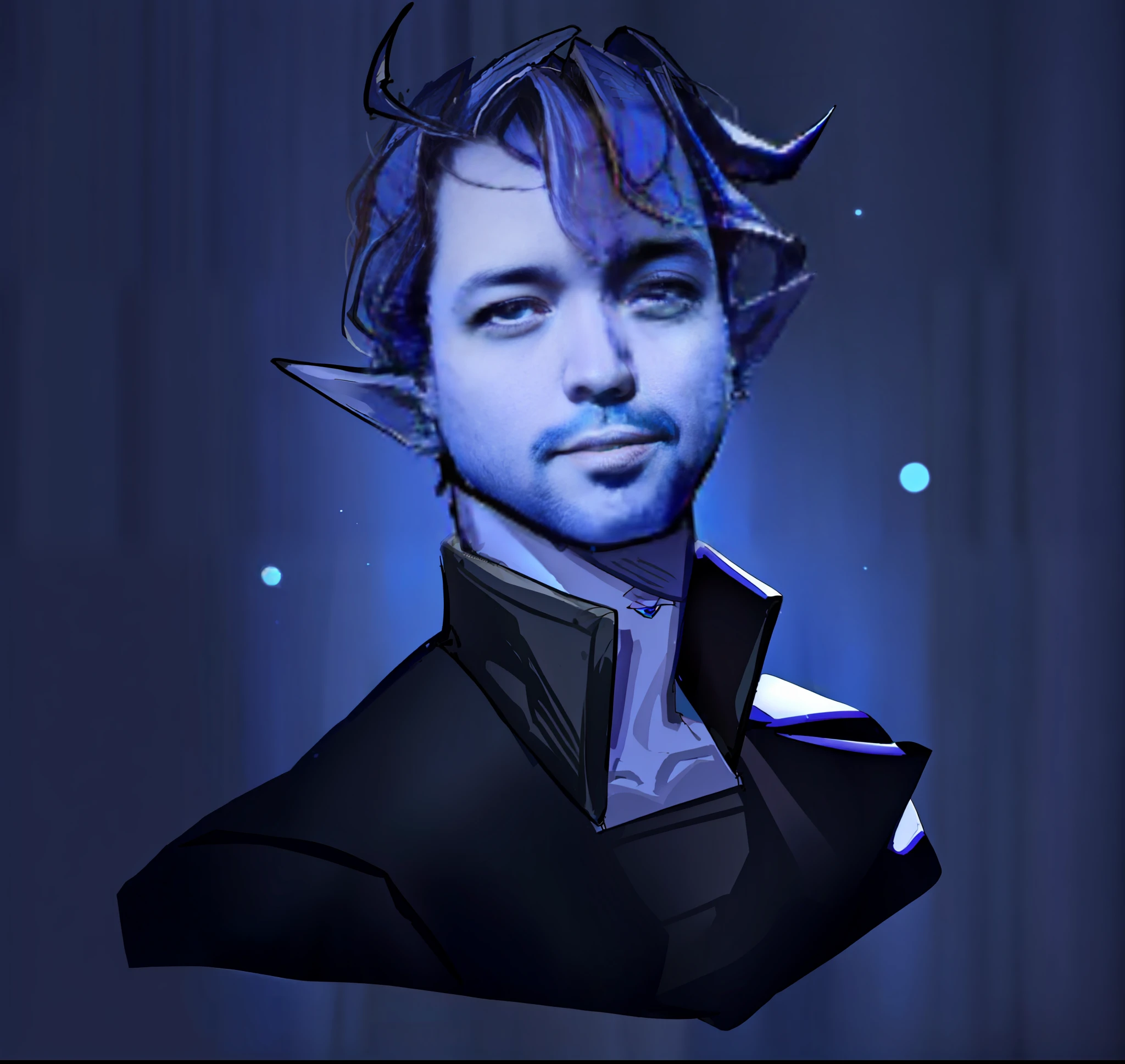 um close up de um desenho animado de um elfo masculino com um fundo azul, caleb from critical role, pintado no estilo arcano, Tiefling azul, Um retrato de um elfo masculino, Beautiful androgynous prince, dnd retrato de um tiefling, inspirado em Jean Malouel, elfo azul, delicate androgynous prince, bonito drow, Retrato de um personagem DND