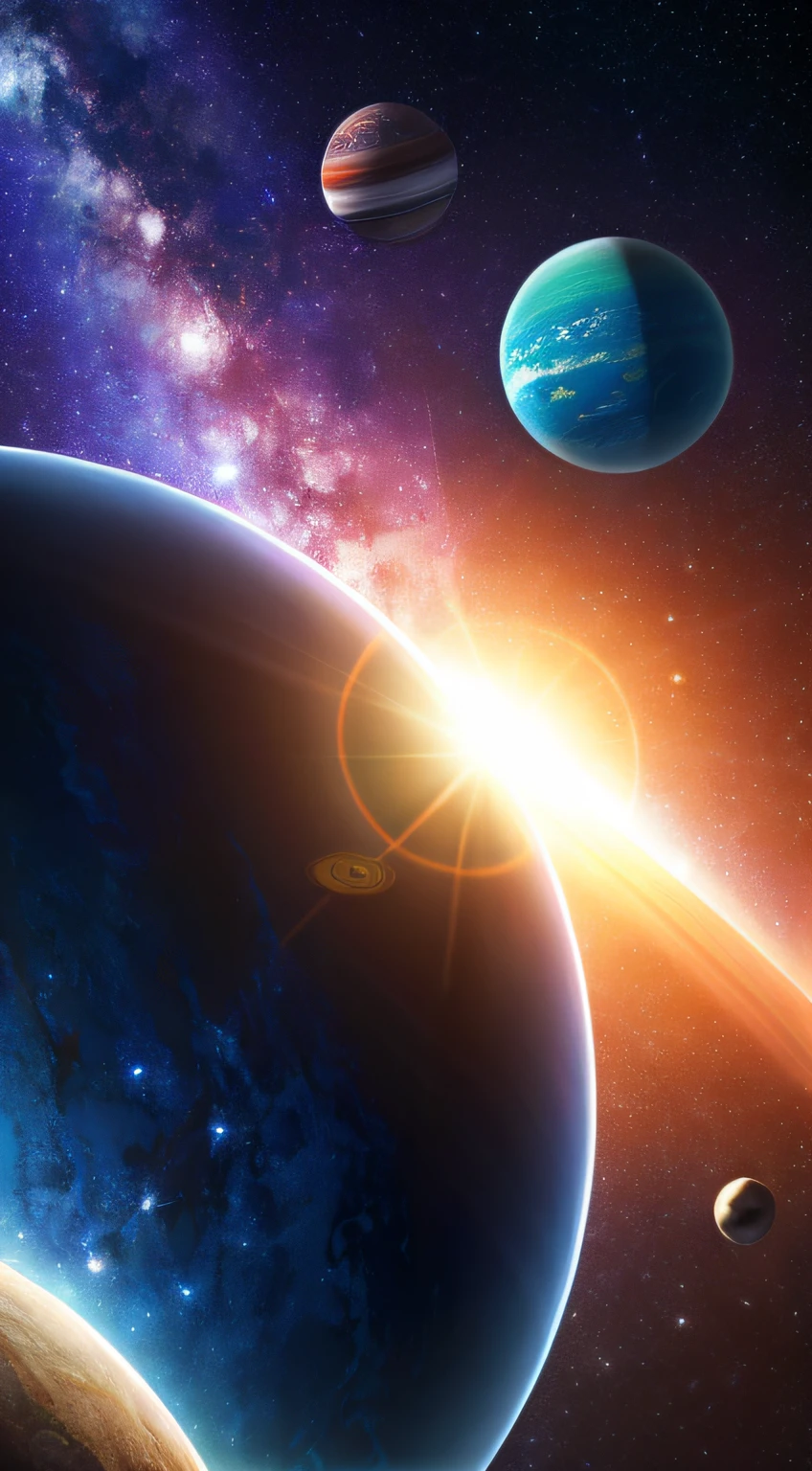 Luxurious endless universe,Planets of all colors,(The theme is the universe),Multiple different planets,Clear atmosphere,(with light glowing),(nature elements),The best reflections,(Best quality at best),A high resolution,high detal,8K,No edges,3D,Three-dimensional feeling, --auto