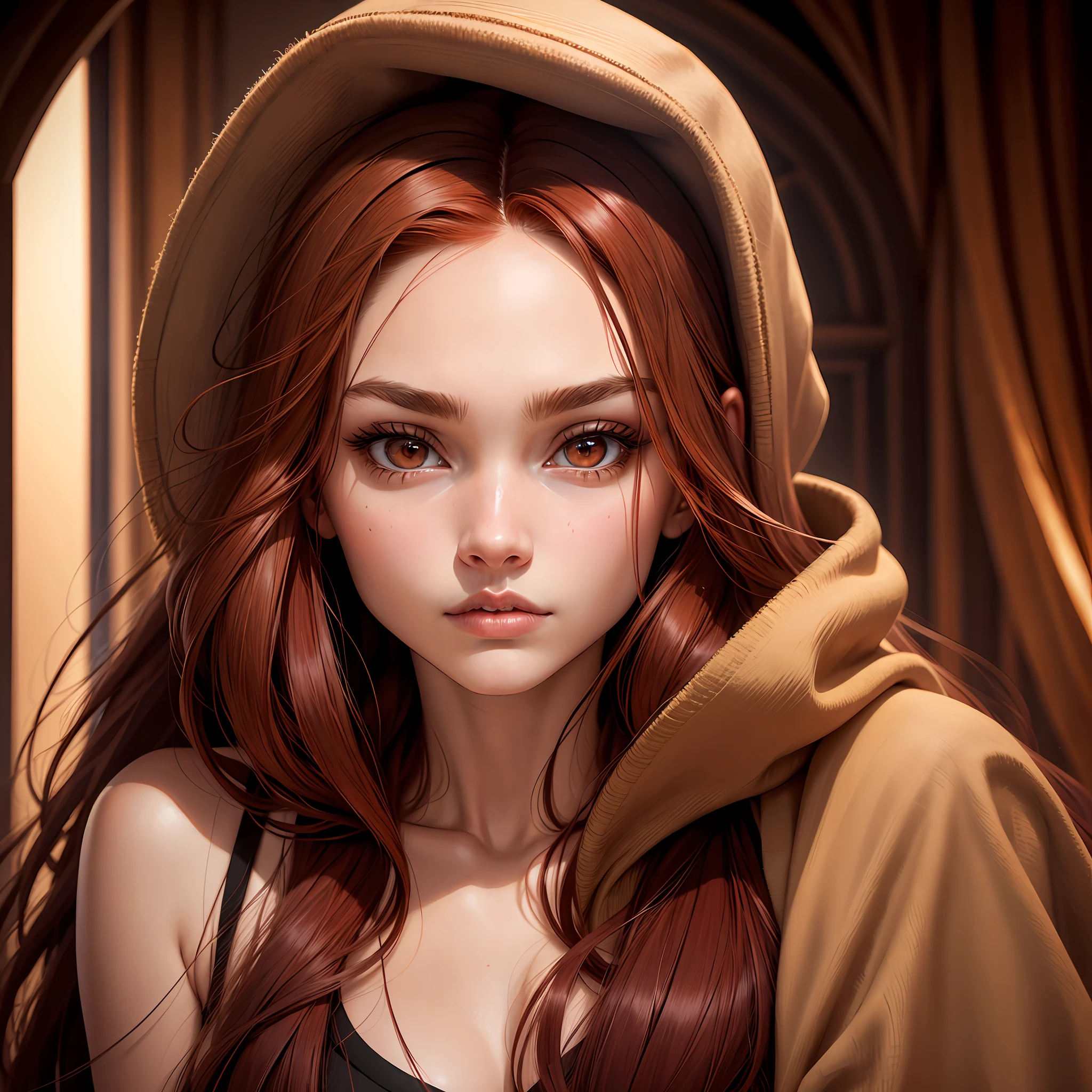A woman with long red hair wearing a hat and a brown jacket - SeaArt AI