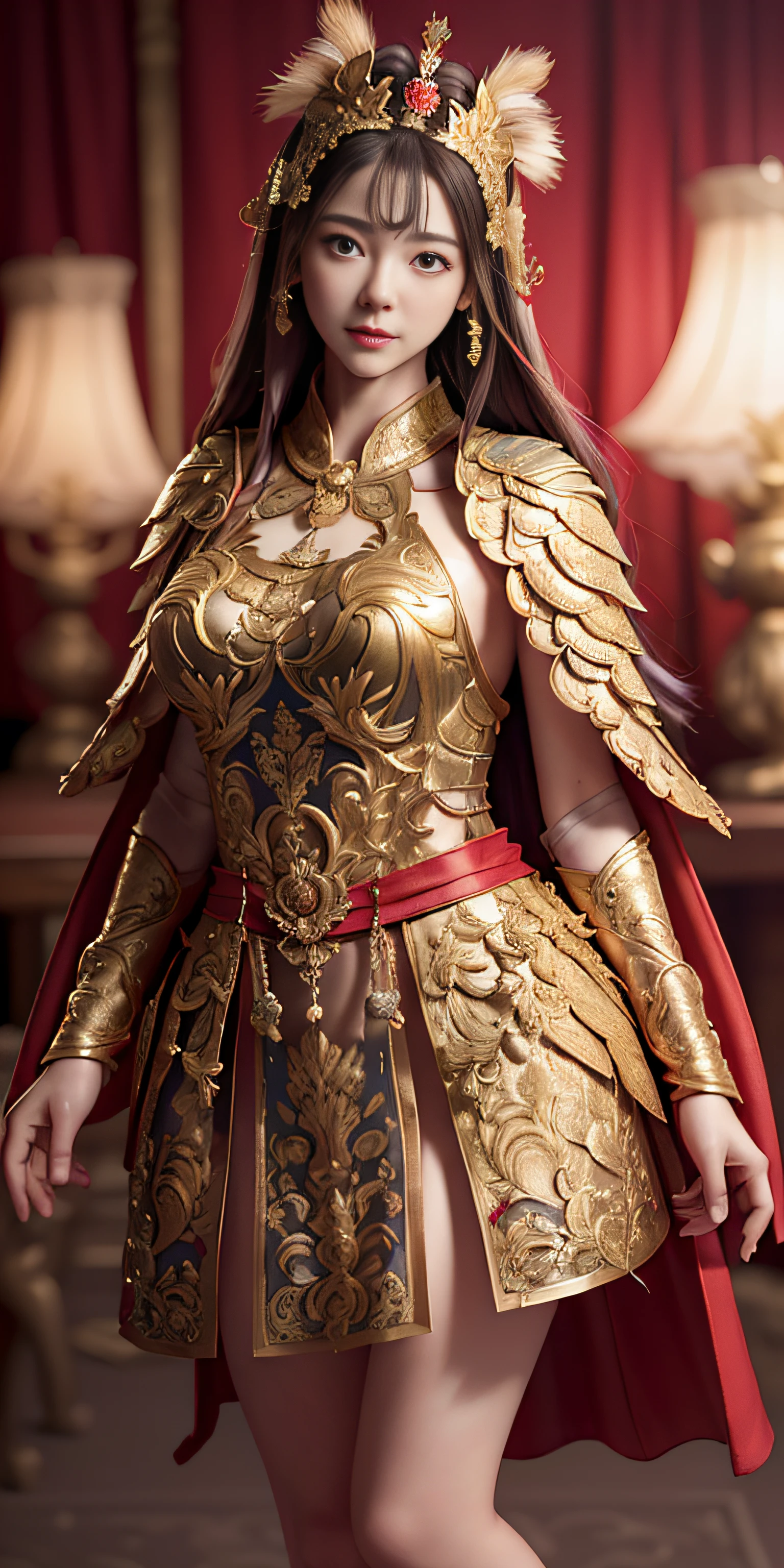 ((masterpiece))), (((best quality))), ((ultra-detailed)), (hyperrealistic), (highly detailed CG illustration), cinematic light, photorealistic ,extremely beautiful young lady, light makeup, big breast, intricate detailed eaba, red cape, spear