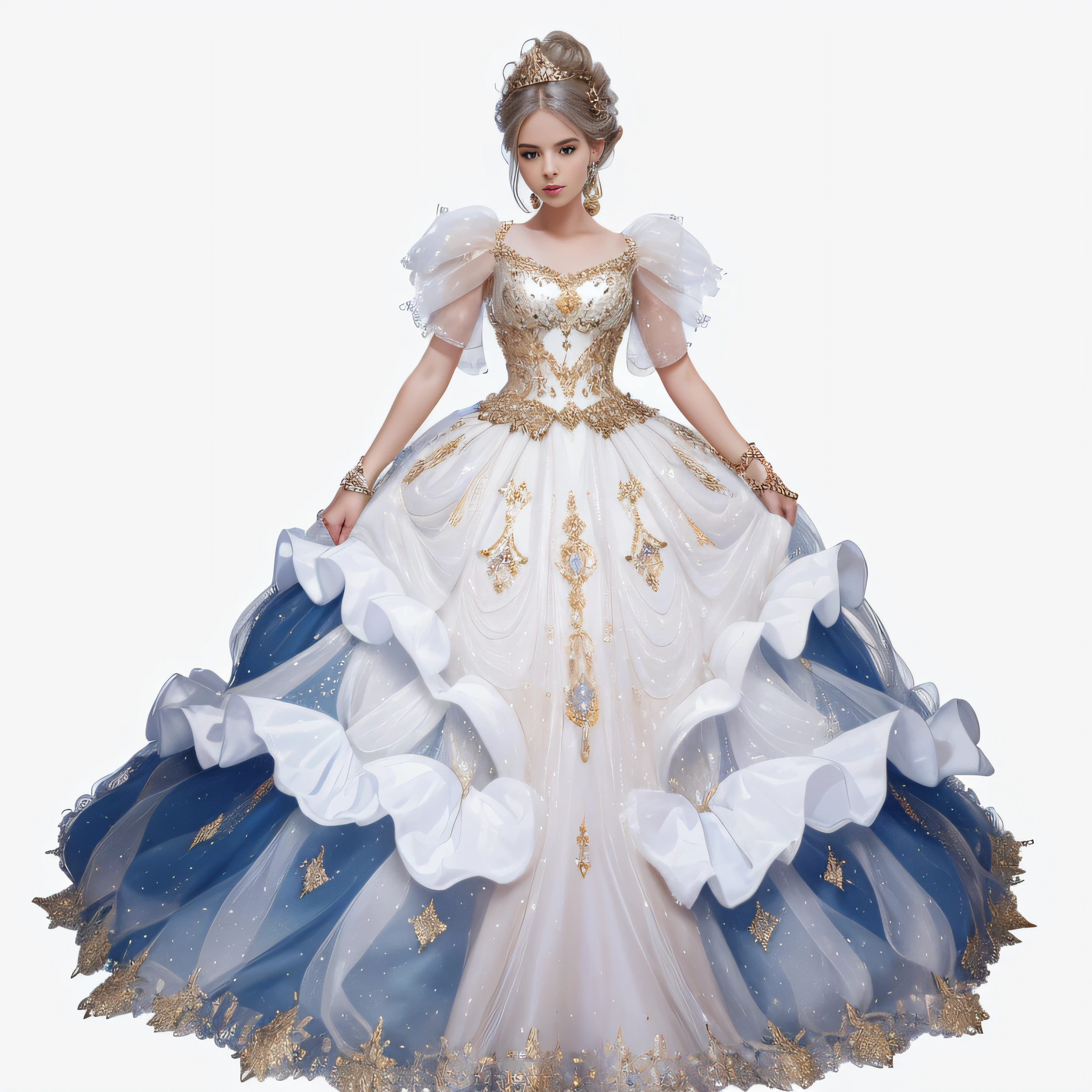 a hyper realistic photograph of a girl standing wearing a majestic light beige and gold ball gown dress, big beautiful dress, intricate puffy ball gown with lots of ruffles and rhinestones (Best quality, masterpiece, ArtStation, Fantasy Art:1.2), a palace room, a beautiful cute girl, (long white hair:1.1), (intricate short gold skirt, bare legs:1.2, full body shot)