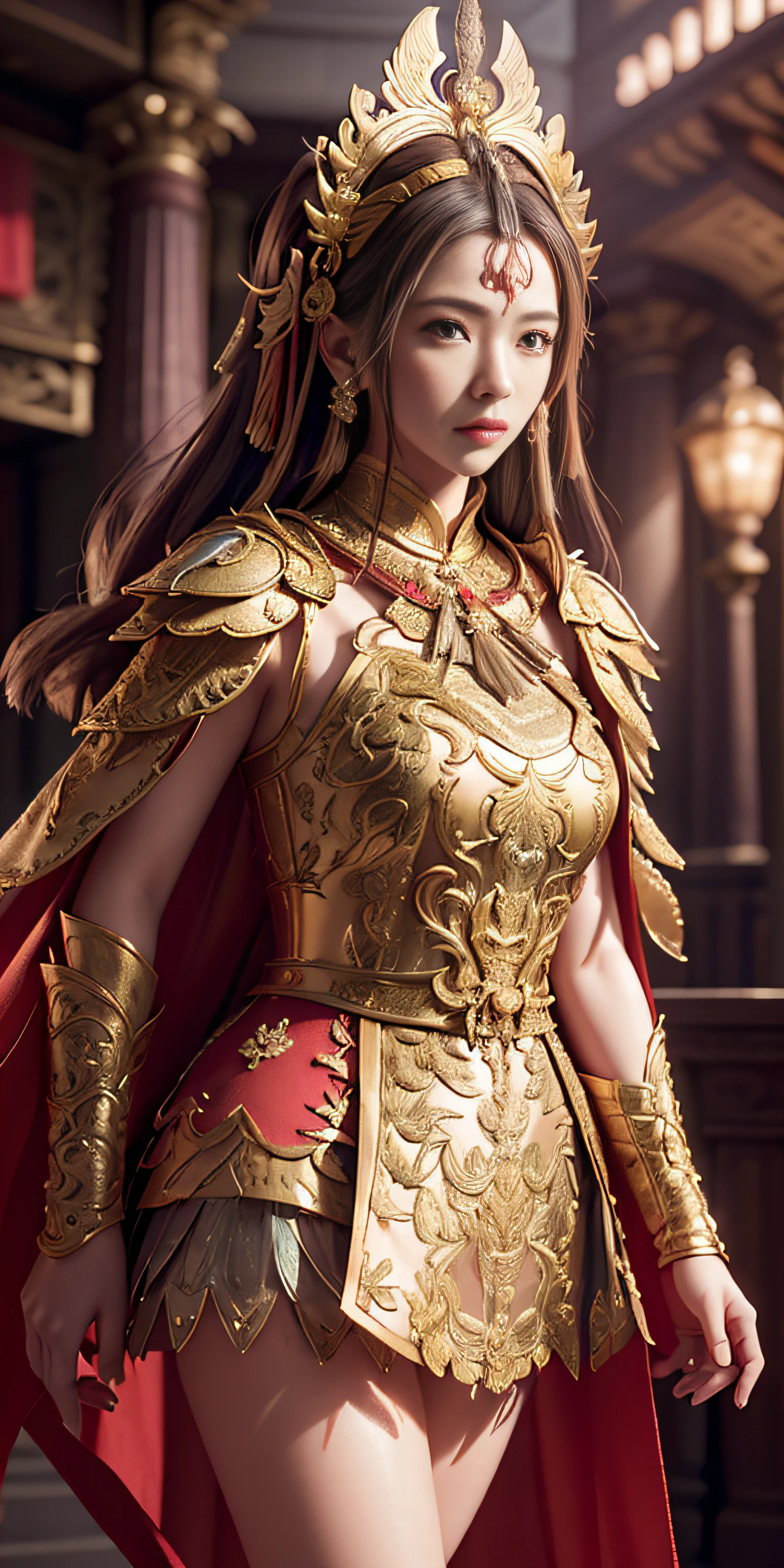 ((masterpiece))), (((best quality))), ((ultra-detailed)), (hyperrealistic), (highly detailed CG illustration), cinematic light, photorealistic ,extremely beautiful young lady, light makeup, big breast, intricate detailed eaba, red cape, spear