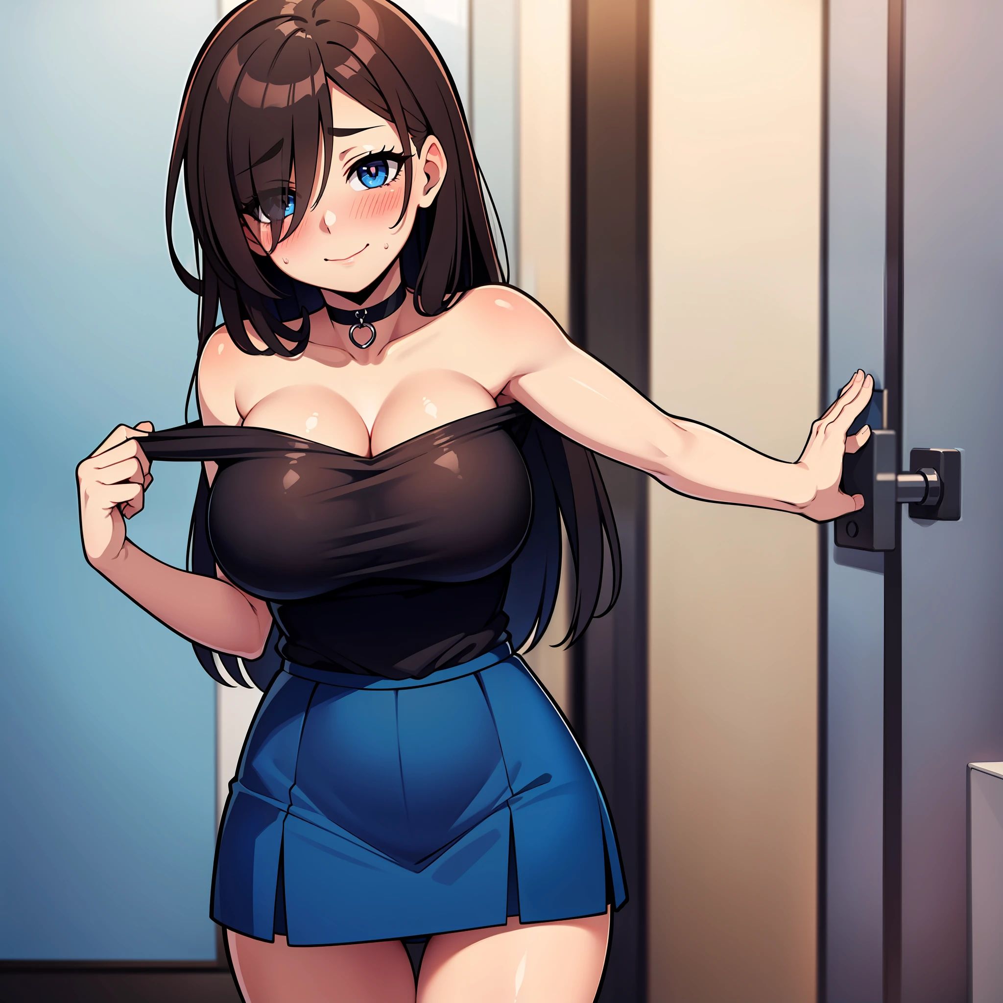 Brown_long_hair, 1girl, hair_over_one_eye, blush_on_cheeks, excited, embarased, ashamed, shy, turned_on, closed_mouth, black_choker, red_shoulder-length_shirt , open_shoulders!! visible_shoulders open_breasts!! visible_breasts, tiny_blue_skirt, no_panties, perfect_quality, perfect_high_resolution, massive_sexy_breasts, sexy_young_girl, sexy_