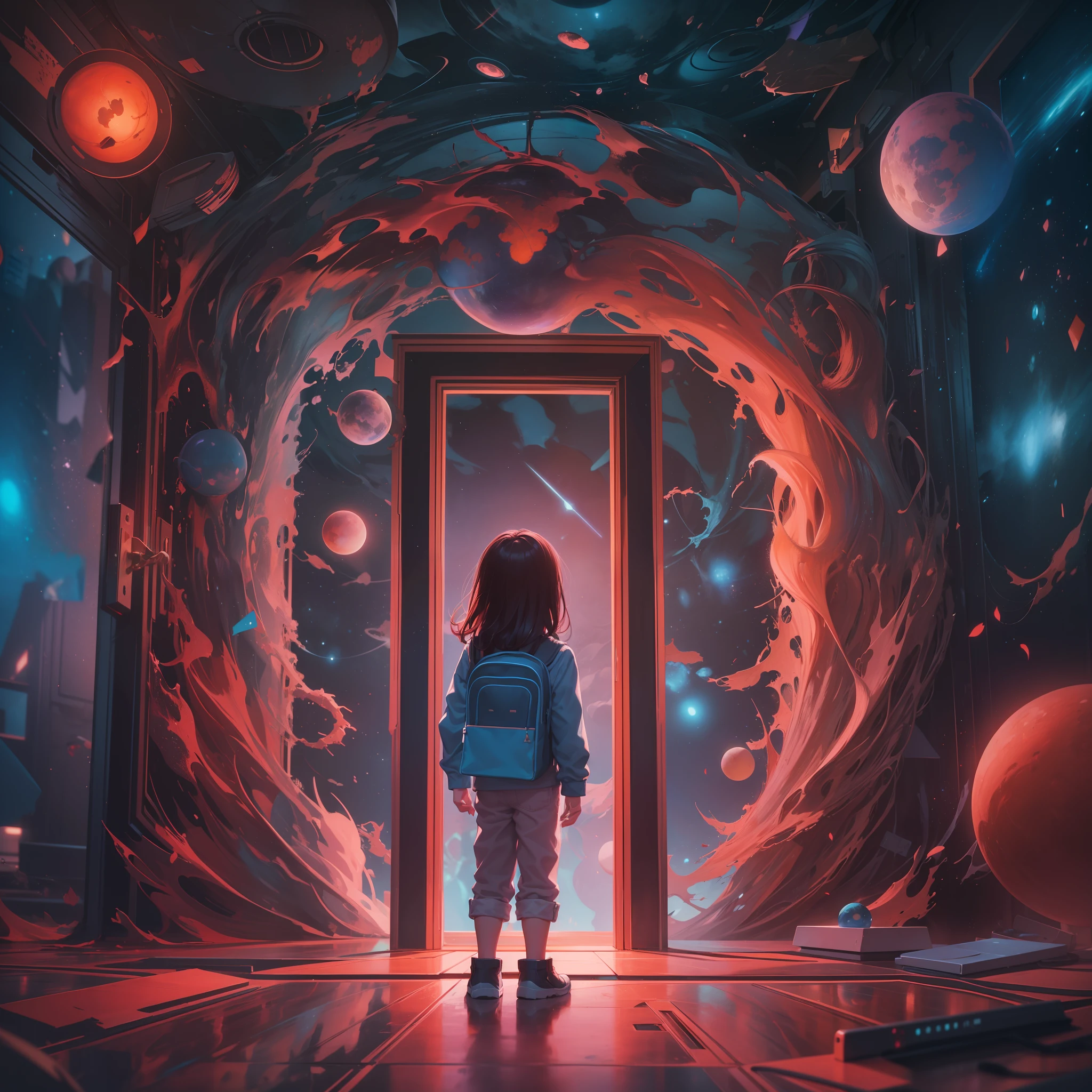 A stands before a door to another dimension, its a colorfull dimension full of school theme elements, detailed texture, loose painting style, intricate detail, cinematic lighting, octane render, 8k render, volumetric lighting, cosmos, deep outer space, high level of detail brings the cosmic style neon and anime elements to life.