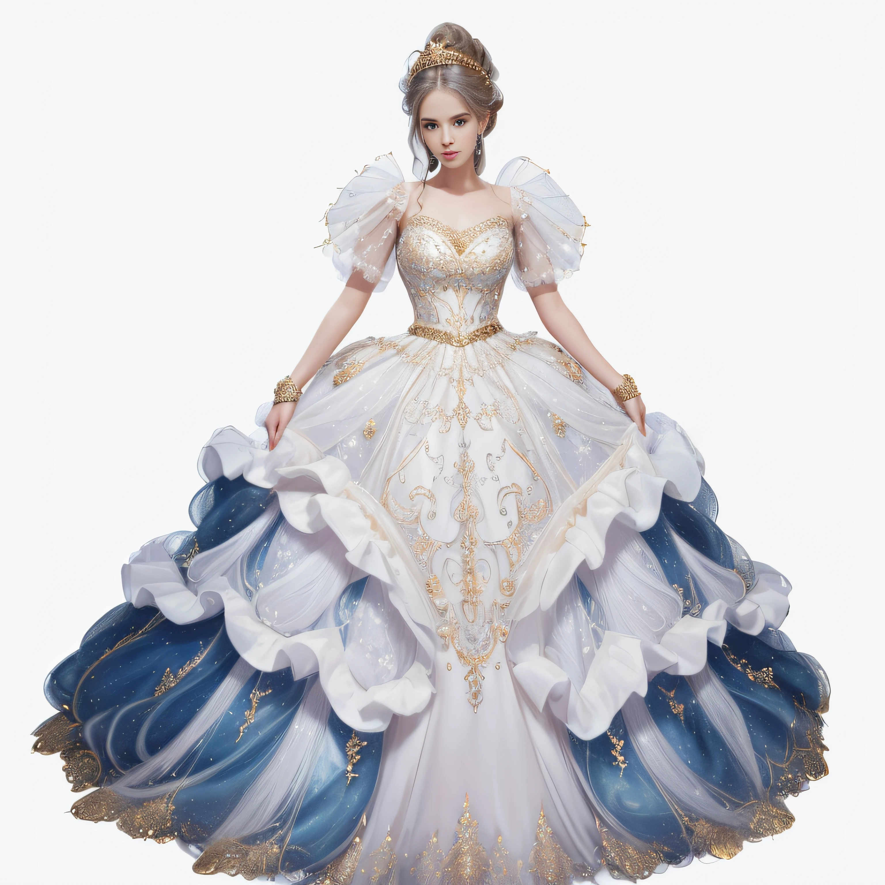 a hyper realistic photograph of a girl standing wearing a majestic light beige and gold ball gown dress, big beautiful dress, intricate puffy ball gown with lots of ruffles and rhinestones (Best quality, masterpiece, ArtStation, Fantasy Art:1.2), a palace room, a beautiful cute girl, (long white hair:1.1), (intricate short gold skirt, bare legs:1.2, full body shot)