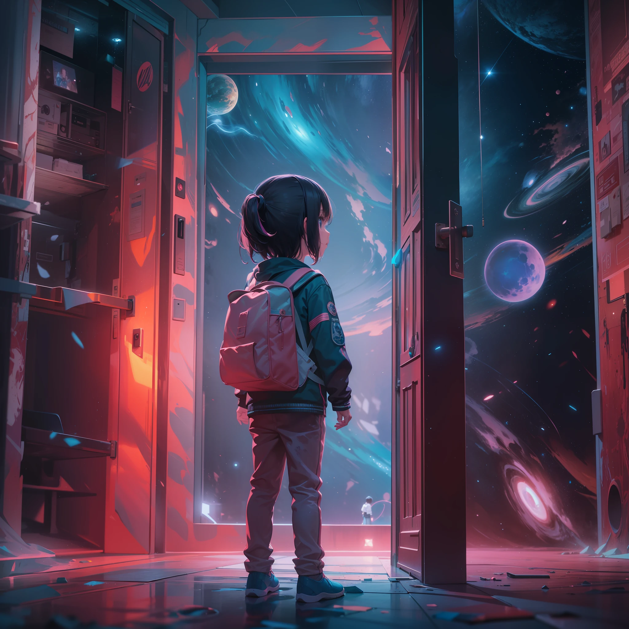 A child stands before a door to another dimension, its a colorfull dimension full of school theme elements, detailed texture, loose painting style, intricate detail, cinematic lighting, octane render, 8k render, volumetric lighting, cosmos, deep outer space, high level of detail brings the cosmic style neon and anime elements to life.
