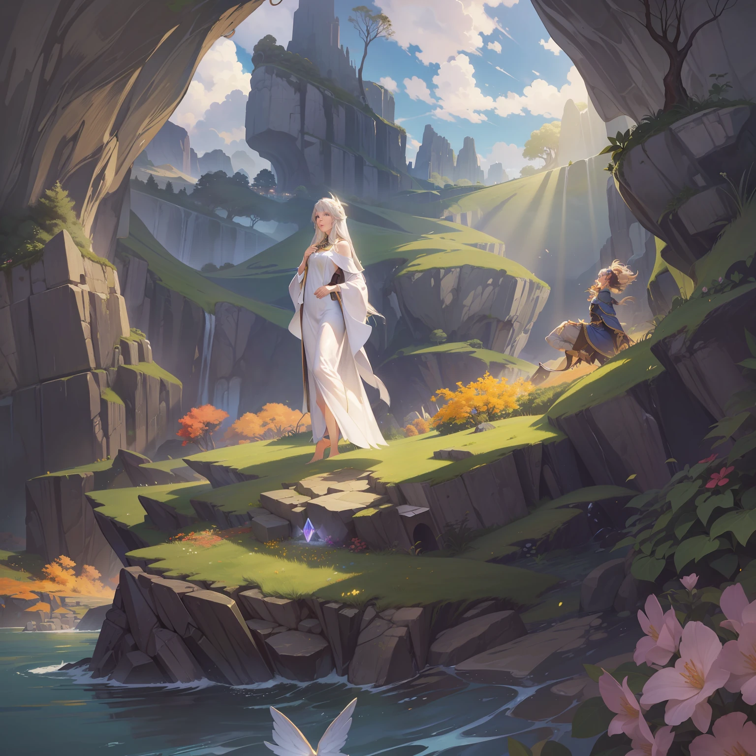Jean Gunnhildr, sun rays, Full body, Fair Skin, Robes, Accent lighting, Maximilian Pirner merged with Wlop, Stardew valley merged with League of Legends, Vector, Floating Island, Clouds, Rocks, Bloom, Lush, Stunning enviroment, Divine, Celestial, Sharp strokes, scenery