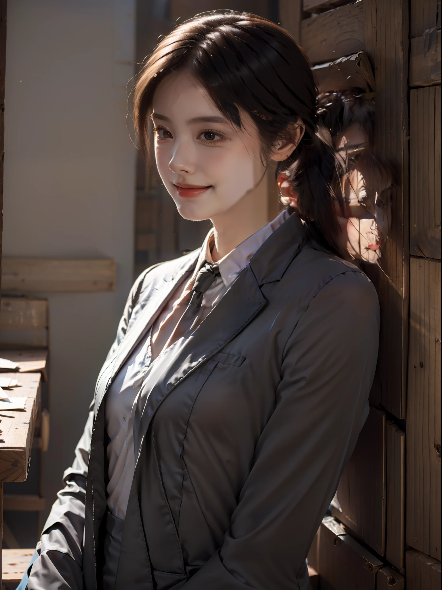 1girl, waist up, light smile, shiny skin
Best quality, masterpiece, (photorealistic: 1.4), dressed in black office clothes, jacket and tie