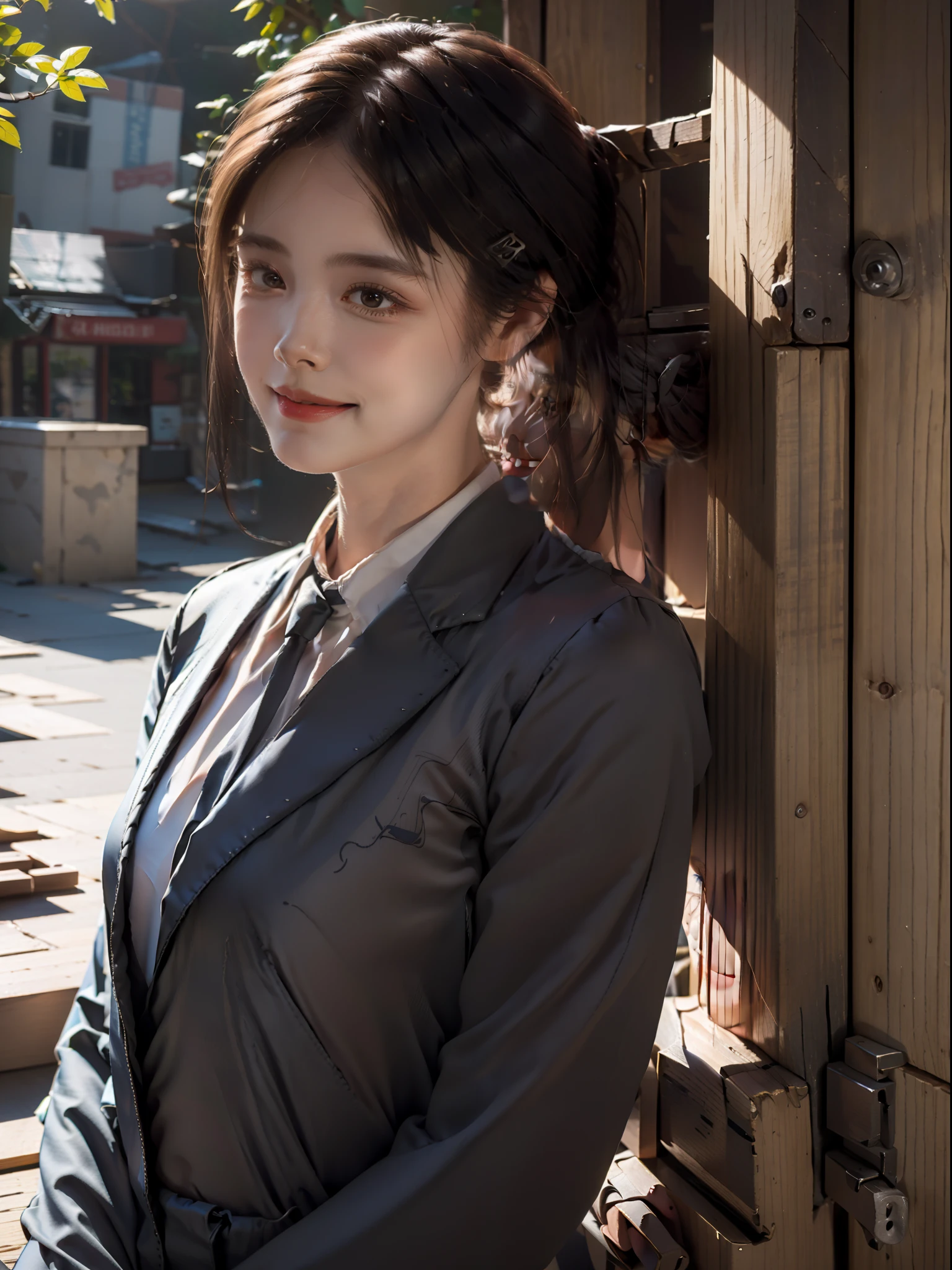 1girl, waist up, light smile, shiny skin
Best quality, masterpiece, (photorealistic: 1.4), dressed in black office clothes, jacket and tie