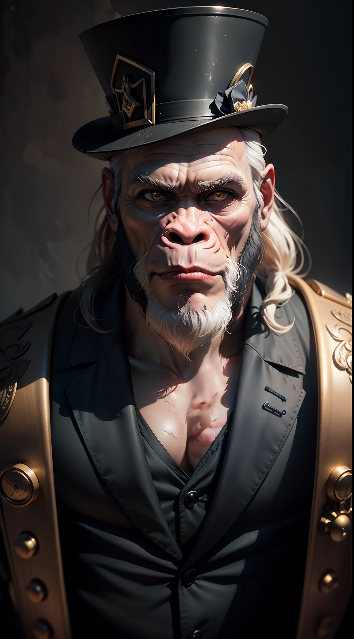 Hyper detailed face of a chimpanzee with a Viking beard, expressing a sarcastic smile and a confident look, His eyes are golden, He is wearing a Gothic top hat wears an open Victorian suit on the front of white and gold. Lighting from above. Rico em detalhes e adornos, muito detalhado. Ultra realistic image showing very well the facial expressions. Fotorrealismo, RAW, 8k ultra HD, DSLR, cgi, 3d, render, grain of film, Fujifilm XT3, Volumetric mist
