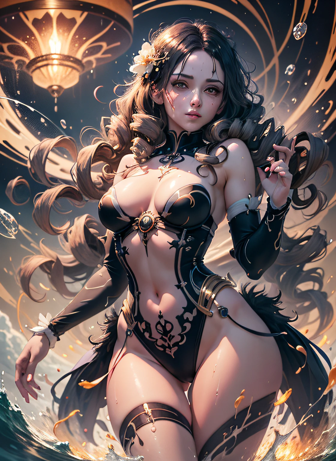 Goddess maiden, gorgeous, splashing, flame, flowing pen and ink,full female body, beautiful caucasian girl close-up, body in dynamic movement, oil, digital art, splash, full body, Ray-traced sunset rendering, shimmery water, light rays, billowing clouds, light reflections, vibrant colors, detailed, glitch art, water, 8k, oil painting, art by Sakimichan, Daniel Gerhartz, mixed digital painting technique, digital painting, super smooth , fluid, 3d fractals, light particles, spirit ink, smooth, shimmery, dreamy glow, 16k, sf, complex art masterpiece, sinister, matte movie poster, golden ratio, cgsociety trend, intricate, epic, artstation trend, highly detailed, vibrant, production cinematic character renderings by artgerm, H.R. Giger and Beksinsky Ultra Quality Model, cloudy night sky storm, sunset red clouds storm cloudy, rough sea, psychedelic waves, skin and clothes wet with water, drops of water, floating bubbles, magical lights, fantasy, filigree, cloudy night sky storm, sunset red clouds storm cloudy, rough sea, psychedelic waves, splash,Sakimichan style art, oriental mandala tattoo, fractal background, silver and gold and bronze spirit, natural skin moistened with water, slight smile, view from below, perfect golden eyes, long curly black hair, floating antique clock, lamp ancient, splash,seductive pose, visible pubic hair, breasts visible,full body, black hair, Transparent clothing, slight smile,, open legs, view of pubic hair, 1 sexy girl in transparent forest clothes,exposed breasts, open transparent t-shirt,mandala and flower tattoos, La mejor calidad,