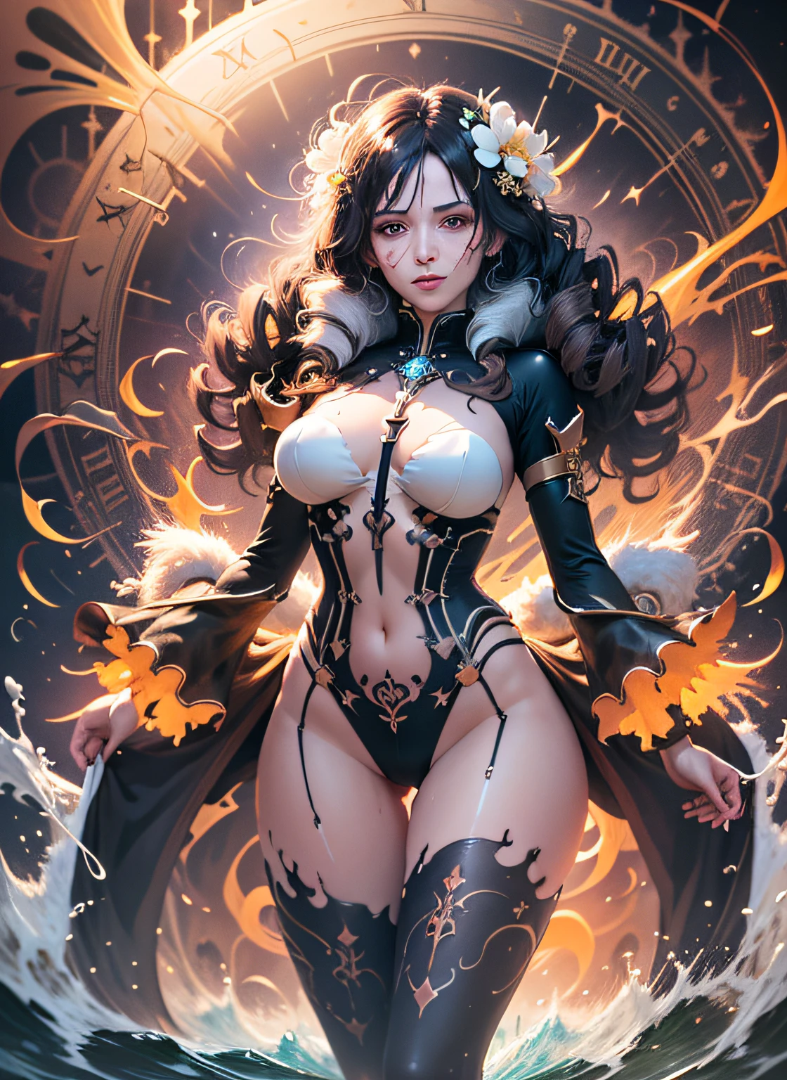 Goddess maiden, gorgeous, splashing, flame, flowing pen and ink,full female body, beautiful caucasian girl close-up, body in dynamic movement, oil, digital art, splash, full body, Ray-traced sunset rendering, shimmery water, light rays, billowing clouds, light reflections, vibrant colors, detailed, glitch art, water, 8k, oil painting, art by Sakimichan, Daniel Gerhartz, mixed digital painting technique, digital painting, super smooth , fluid, 3d fractals, light particles, spirit ink, smooth, shimmery, dreamy glow, 16k, sf, complex art masterpiece, sinister, matte movie poster, golden ratio, cgsociety trend, intricate, epic, artstation trend, highly detailed, vibrant, production cinematic character renderings by artgerm, H.R. Giger and Beksinsky Ultra Quality Model, cloudy night sky storm, sunset red clouds storm cloudy, rough sea, psychedelic waves, skin and clothes wet with water, drops of water, floating bubbles, magical lights, fantasy, filigree, cloudy night sky storm, sunset red clouds storm cloudy, rough sea, psychedelic waves, splash,Sakimichan style art, oriental mandala tattoo, fractal background, silver and gold and bronze spirit, natural skin moistened with water, slight smile, view from below, perfect golden eyes, long curly black hair, floating antique clock, lamp ancient, splash,seductive pose, visible pubic hair, visible,full body, black hair, , slight smile,, , view of pubic hair, 1 in transparent forest clothes,exposed , open transparent t-shirt,mandala and flower tattoos, La mejor calidad,