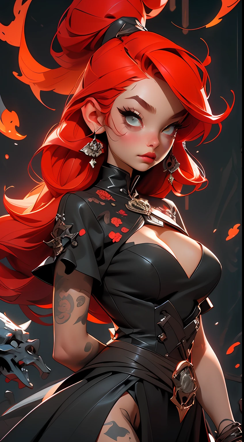 ((Best Quality)), ((Masterpiece)), ((Reality)) and a hyper-detailed photography with a gothic girl. She has ((fiery red hair)), wears a black dress next to floating flowers, flames, black witches, exudes an atmosphere ((beautiful and beautiful)), big breasts, sexy