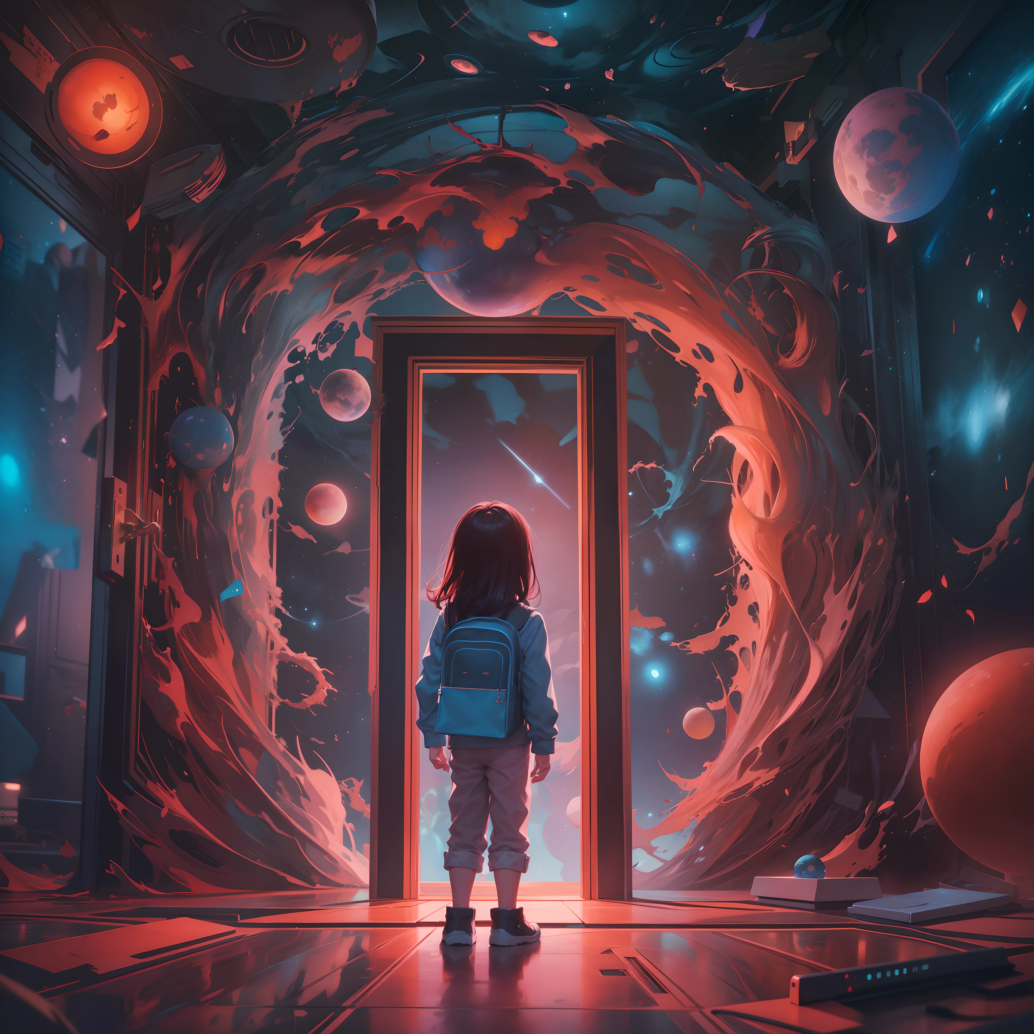 A stands before a door to another dimension, its a colorfull dimension full of school theme elements, detailed texture, loose painting style, intricate detail, cinematic lighting, octane render, 8k render, volumetric lighting, cosmos, deep outer space, high level of detail brings the cosmic style neon and anime elements to life.