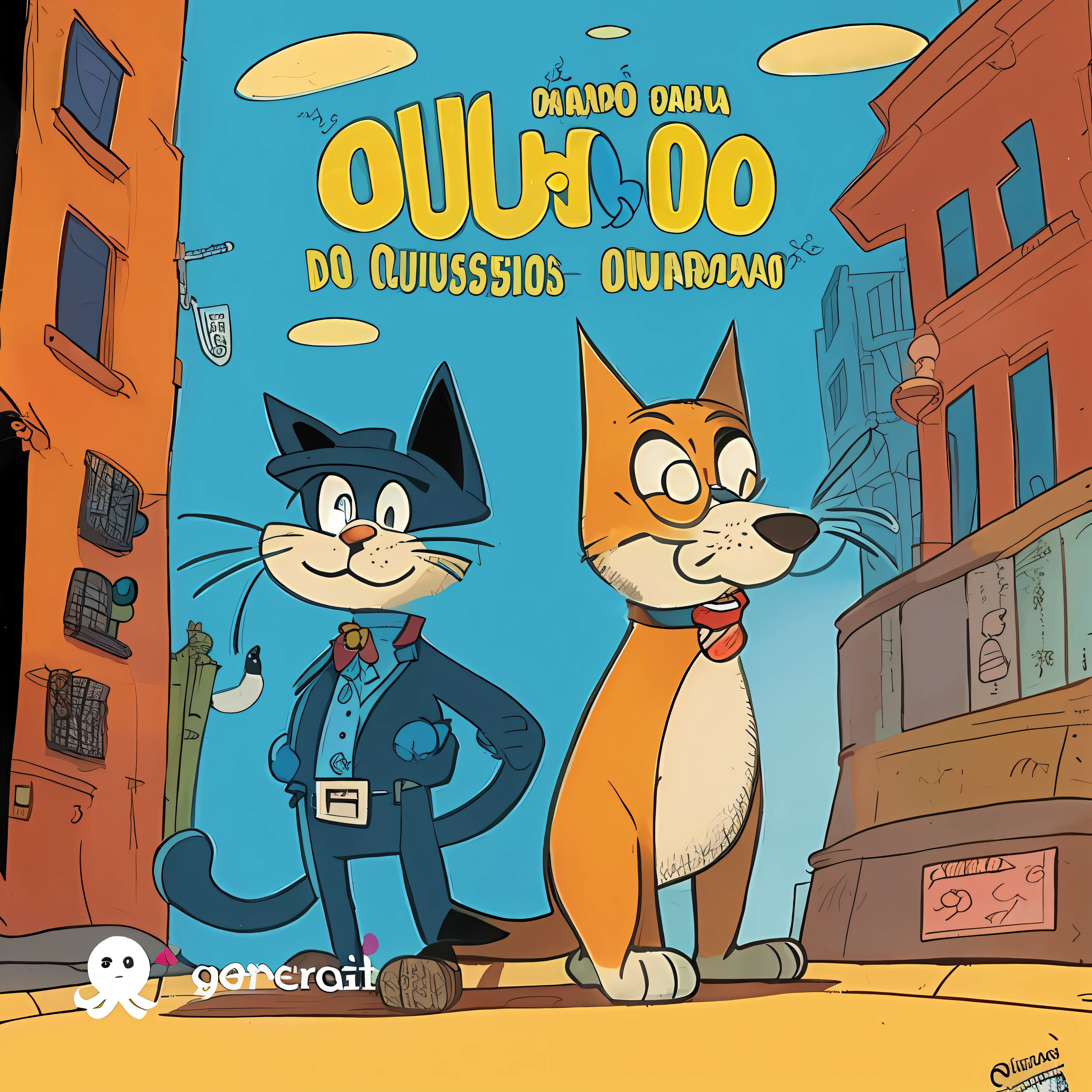 Cartoon book cover of a cat and a dog on a city street, Directed by: Italo Mus, Capa de quadrinhos, catdog, Capa dos quadrinhos, por Julius como se, by Julio González, Directed by: Edward Okuń, Directed by: Mario Dubsky, Directed by: Osvaldo Romberg, capa de quadrinhos, by Rodolfo Amoedo
