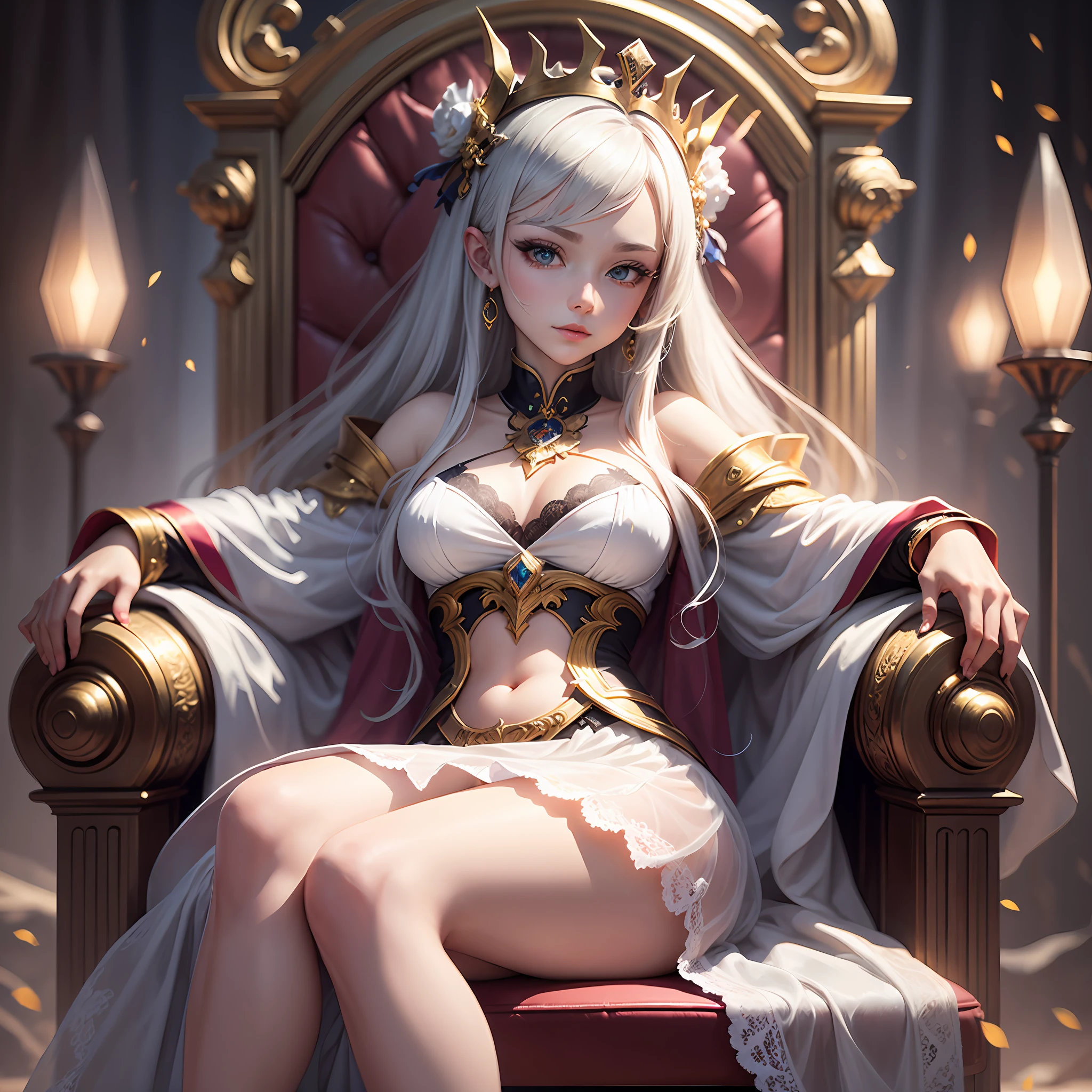 Little Five sat on the throne，There is a light，（A beautiful fantasy queen），（（（Wearing a white lace skirt））），on her throne，anime goddess，sitting in a gilded throne，sitting on her throne，goddes。extremly high detail，2.5D CGI anime fantasy artwork，sitting on intricate throne，8K high quality detail art，beautiful elegant demon queen，bare-legged，Gold leg ring --auto --s2