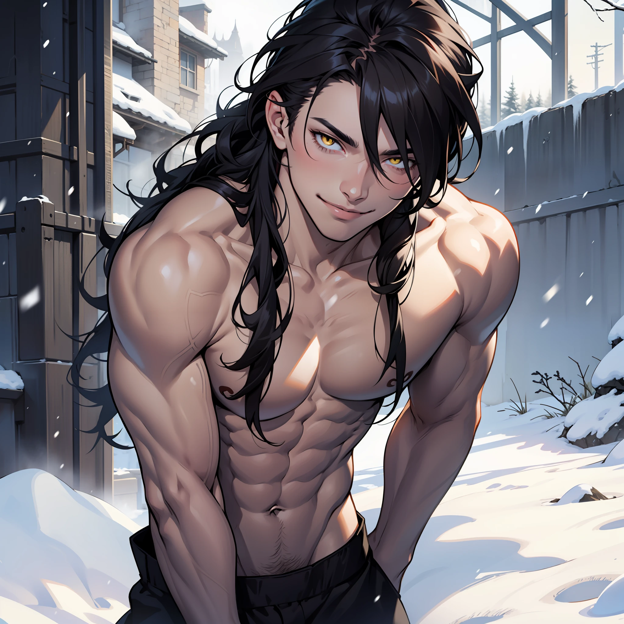 Beautiful boy, white skin, defined body, snow-white skin, yellow eyes, long hair, black hair at the shoulder, seductive look, flushed cheek, corner smile, hair covering left eye, no shirt, flirtatious pose, waist up