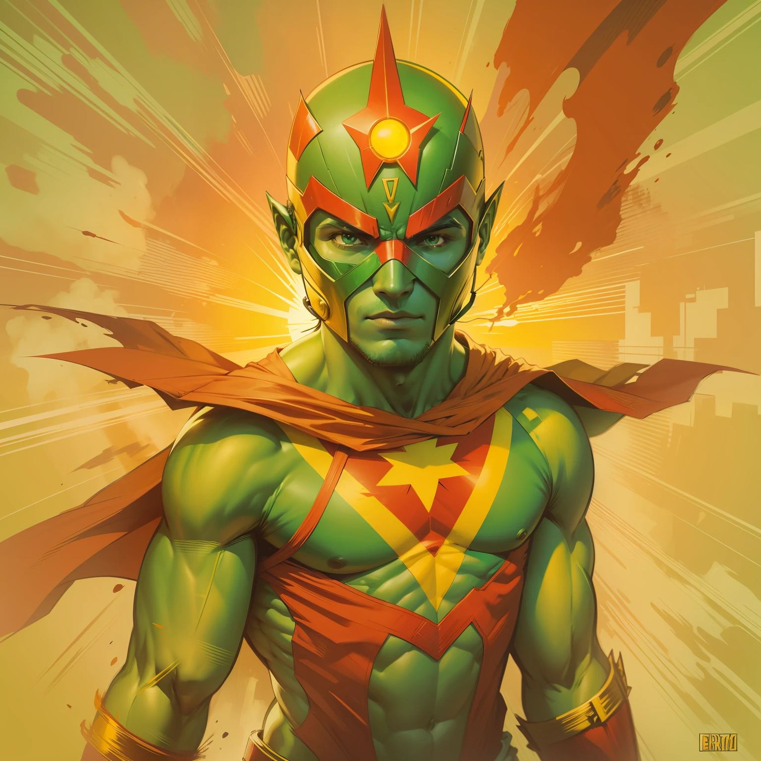 superhero with the colors green, yellow and red and a drawing of a sun in the mask on the atura of the forehead, arte em comics, epic, Pernambuco Brasil.