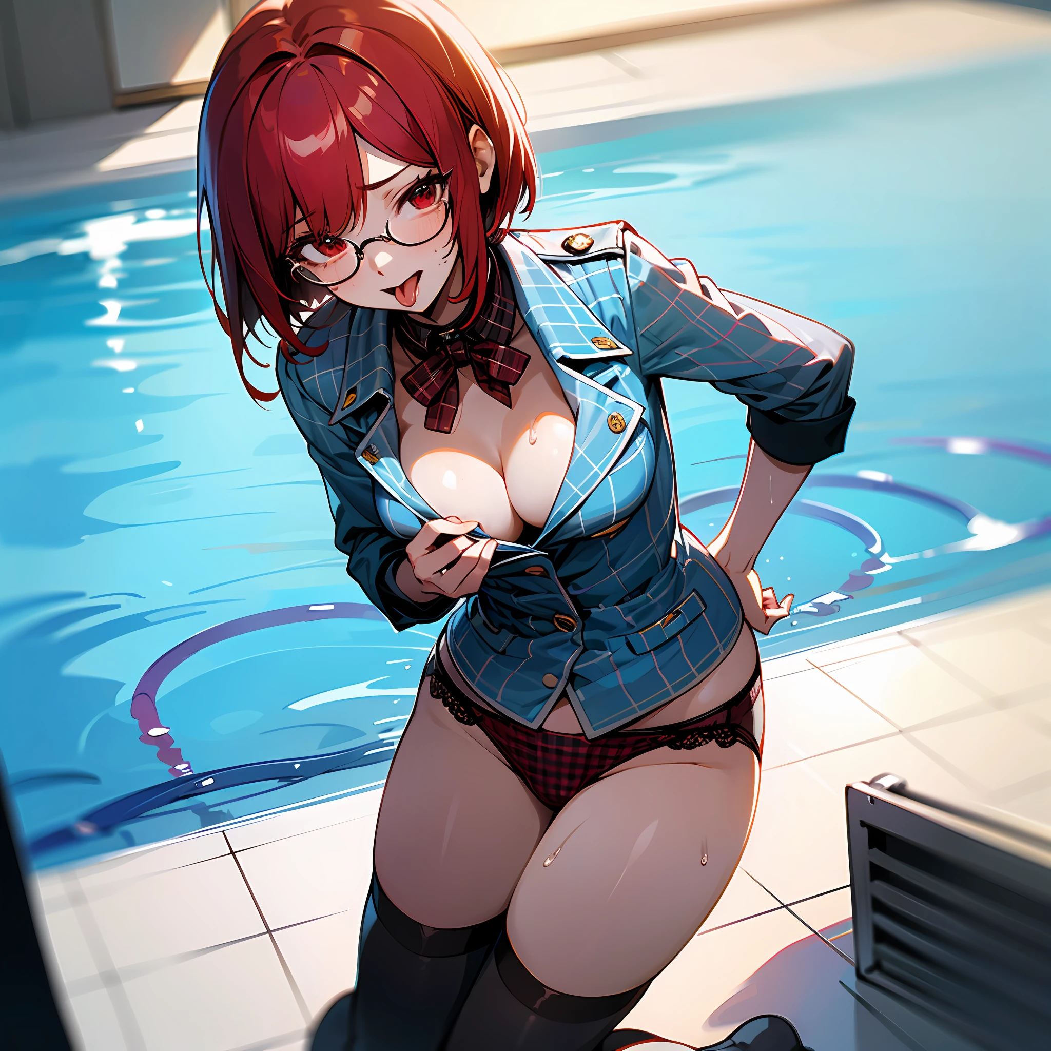 Solo, Delicate Face, Long Eyelashes, (Bob Hair), (Red Eye: 1.3), (Red Hair), Medium Cleavage, Tartan Check, Music Room, Top Angle, Uniform, Light Blue Underwear, Sweat, Thin, Open Mouth Wide, Tongue Out, White yogurt on Breast and Tongue, White Liquid All Over Chest and Tongue, Frontal Shot, Woman with Upper Eyes, collar on neck with lead, glasses, stockings,pool of white liquid on floor --auto