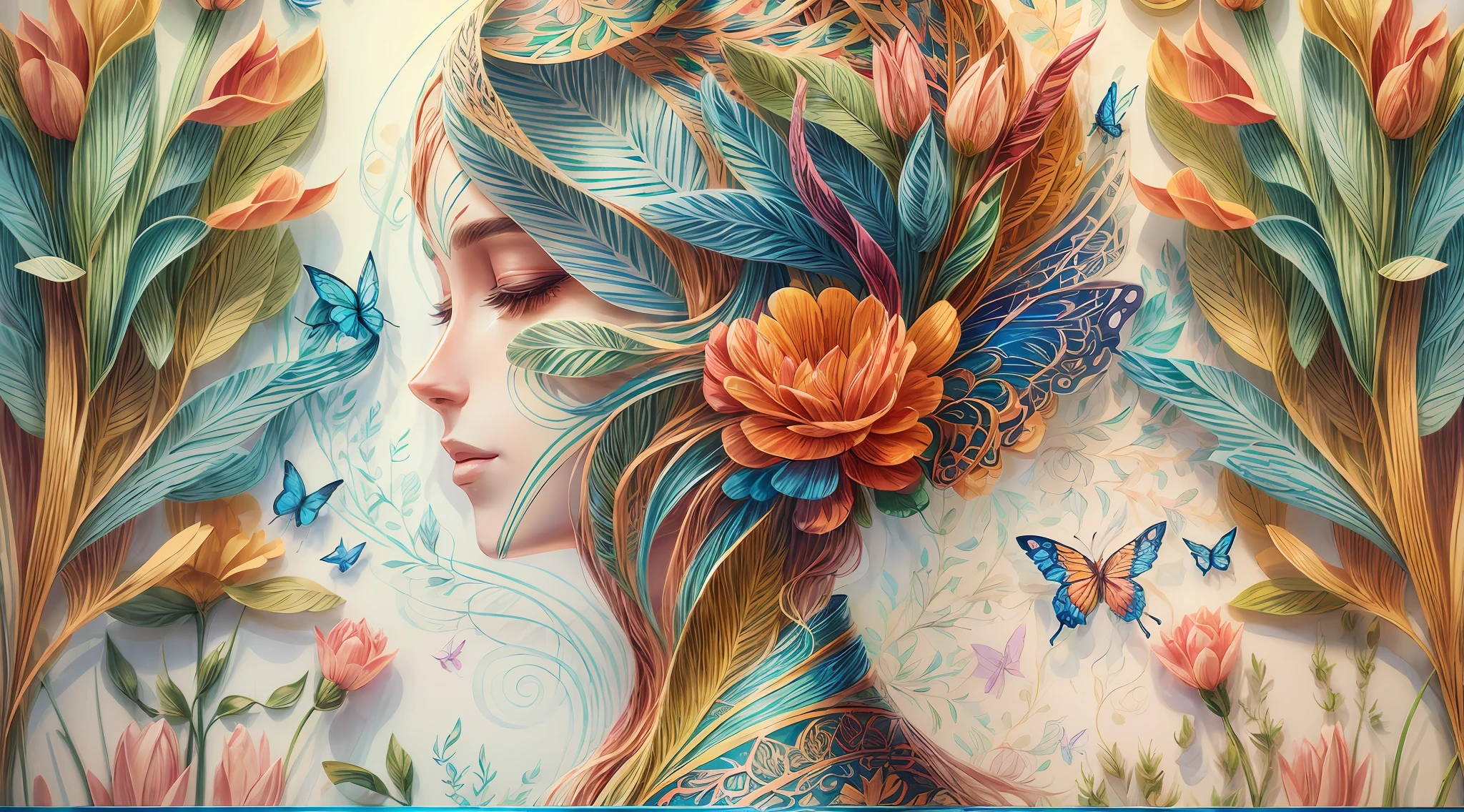 (Illustration:1.3),spring, paper art, 3d rendering, colorful, beauty side face, phoenix, flowers, butterflies, lines, best quality, detailed details, masterpiece, official art, cinematic lighting effects, 4K,