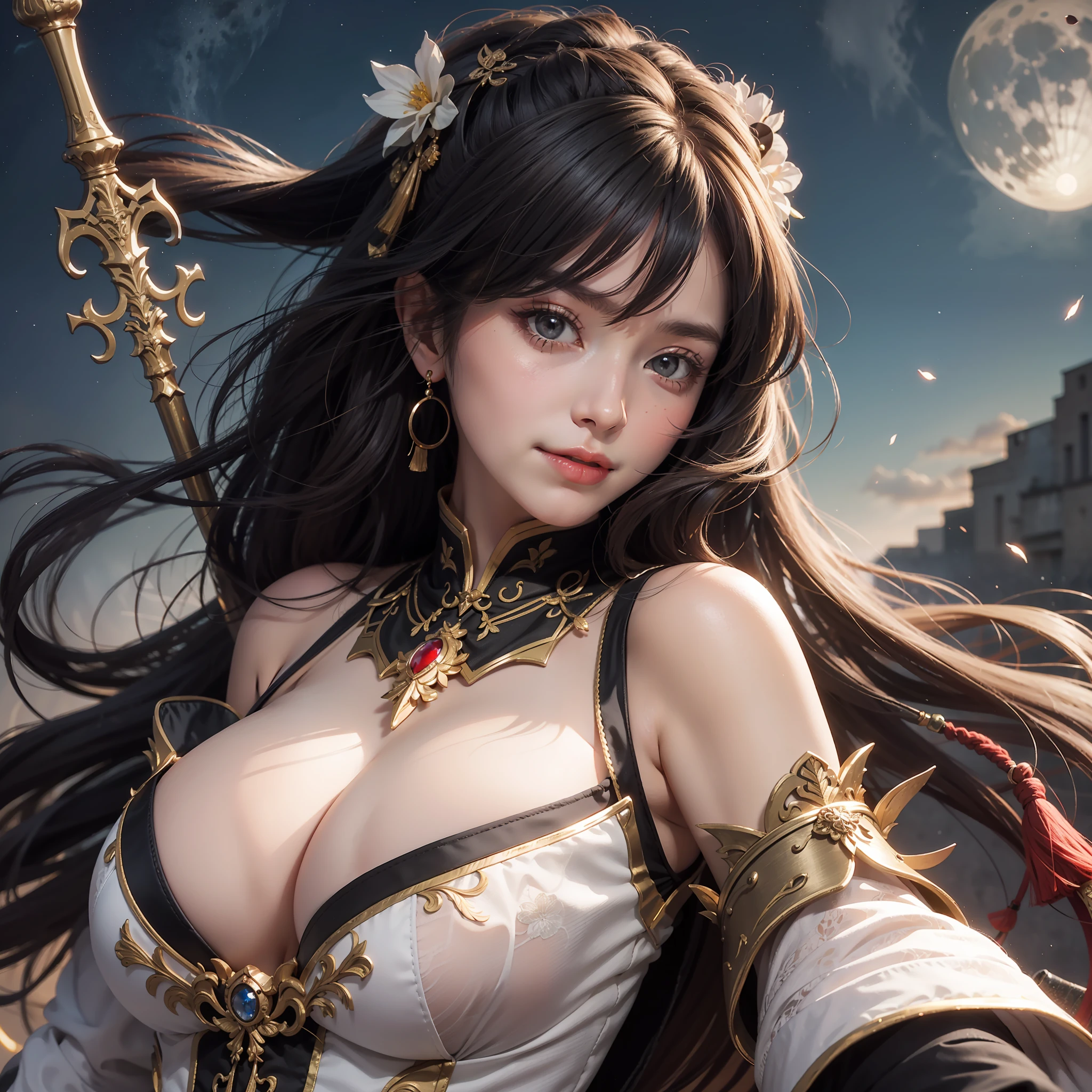 anime girl with white and black hair holding sword and armor and posing under moon with sky 1girl, breasts, solo, gloves, long hair, ningguang (genshin impact), large breasts, red eyes, looking at viewer, elbow gloves, tassel, cleavage, dress, bare shoulders, white hair, hair ornament, black gloves, cleavage cutout, smile, bangs, clothing cutout, very long hair Ultra-realistic, ultra-detailed, Ultra HD plus 8k resolution