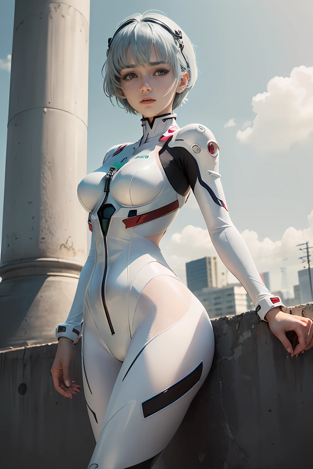 8k photo, Super realistic, Beautiful features, Double eyelids,((Red-brown eyes)),((clean reddish-brown eyes)), about 、((1girl in))、((Rei Ayanami's hairstyle in Evangelion the Movie))、((light blue silver hair parts))、hyperdetailed face、very detailed lips、Detailed eye、((Beautiful girl in white plug suit))、((A beautiful girl who looks like Rei in the new movie version of Evangelion))、closes mouth、((light blue silver hair parts)), Long boots in white、((White plug suit))、slenderbody、airfield、Look at the viewer with your whole body、