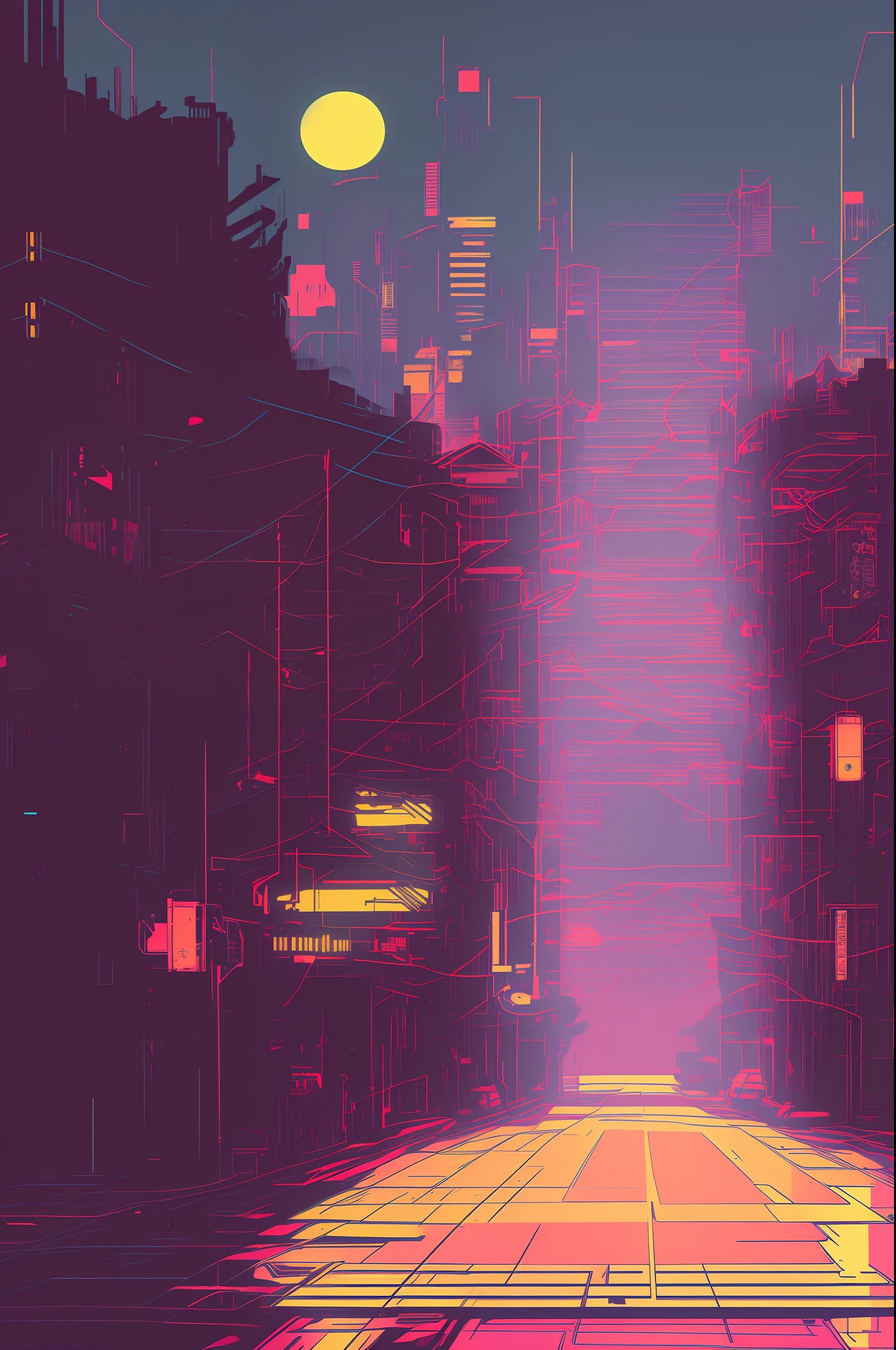 (nvinkpunk:1.2) SNTHWVE Style Motorcycle, Light Wave, Sunset, Convoluted, Very detailed